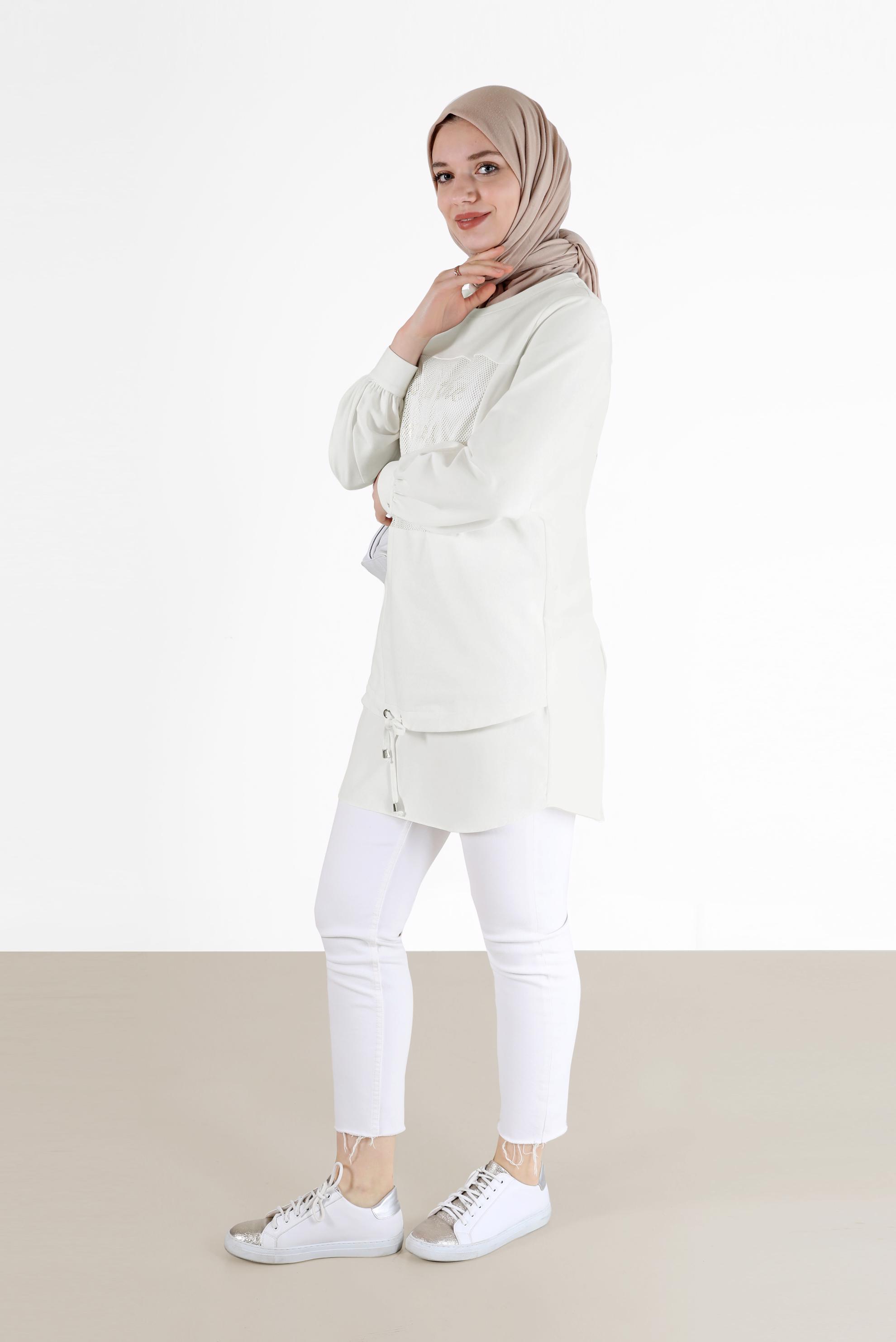 Tesettür giyim BEYAZ FİLE DETAYLI YAZI BASKILI TUNİK 42233 