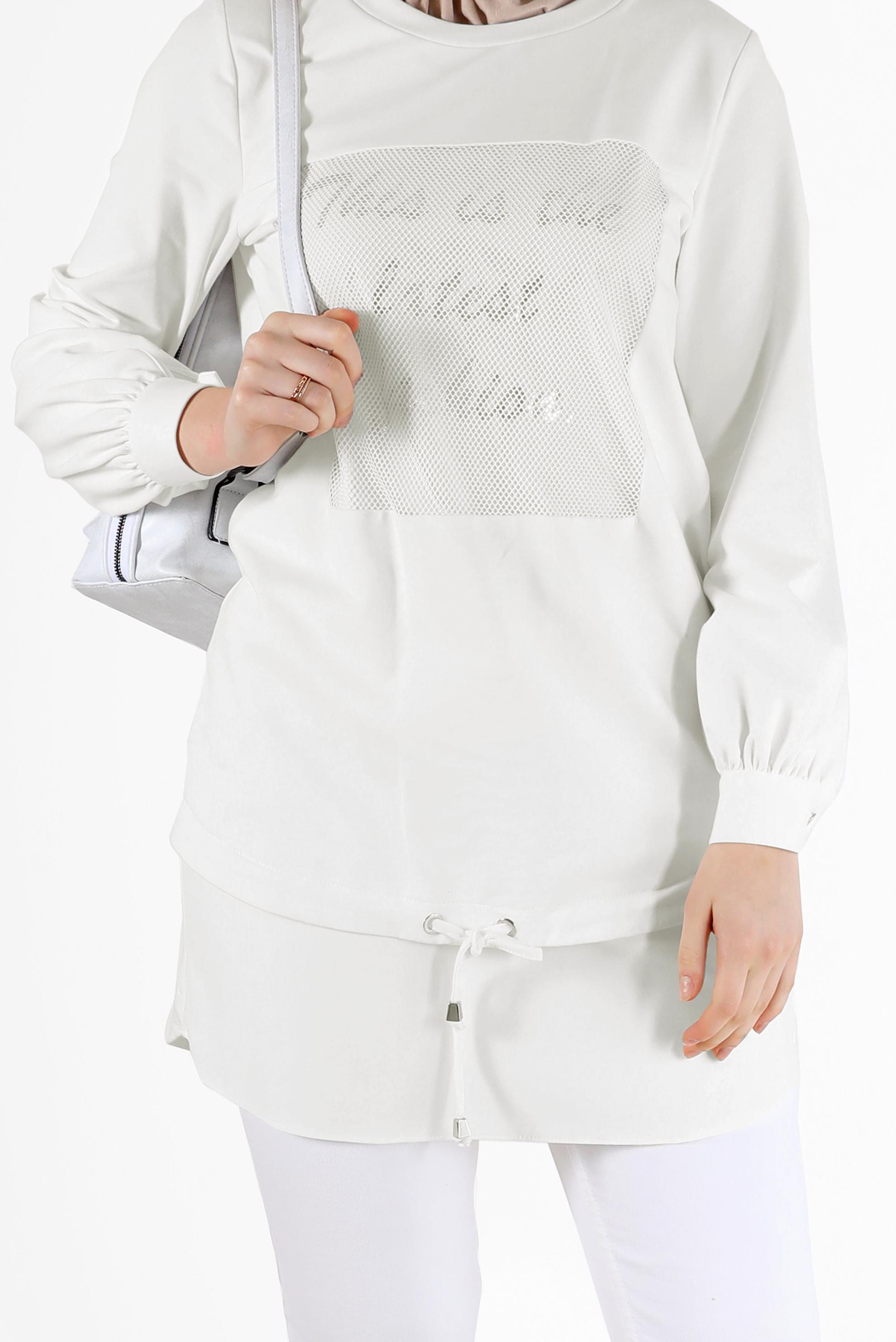 Tesettür giyim BEYAZ FİLE DETAYLI YAZI BASKILI TUNİK 42233 