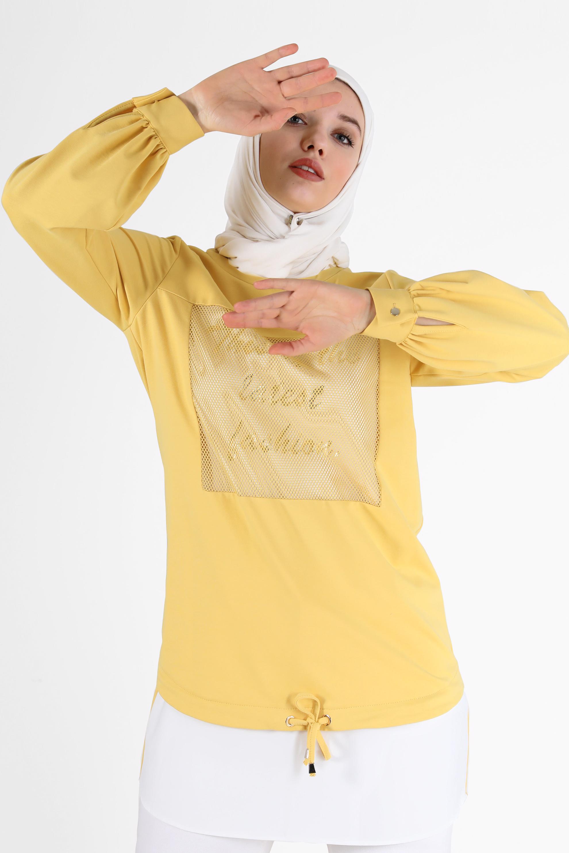Tesettür giyim SARI FİLE DETAYLI YAZI BASKILI TUNİK 42233 