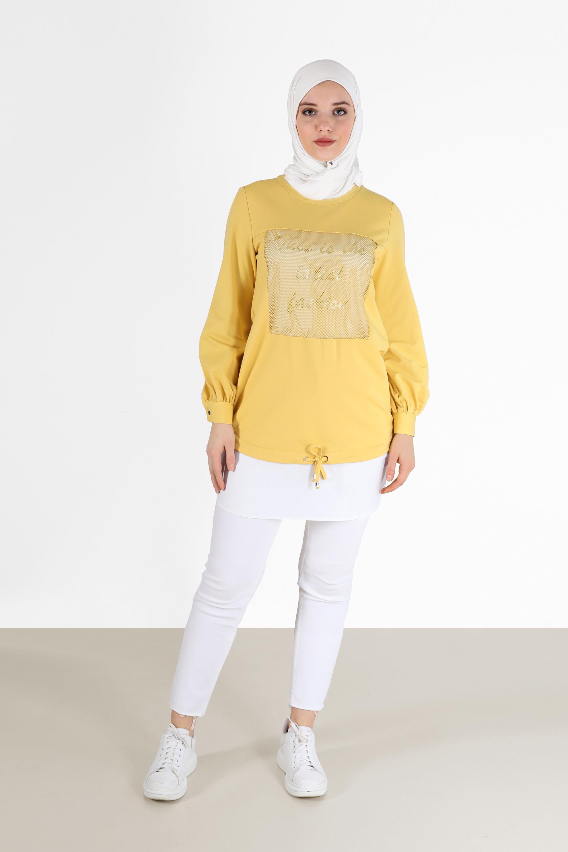 Tesettür giyim SARI FİLE DETAYLI YAZI BASKILI TUNİK 42233 
