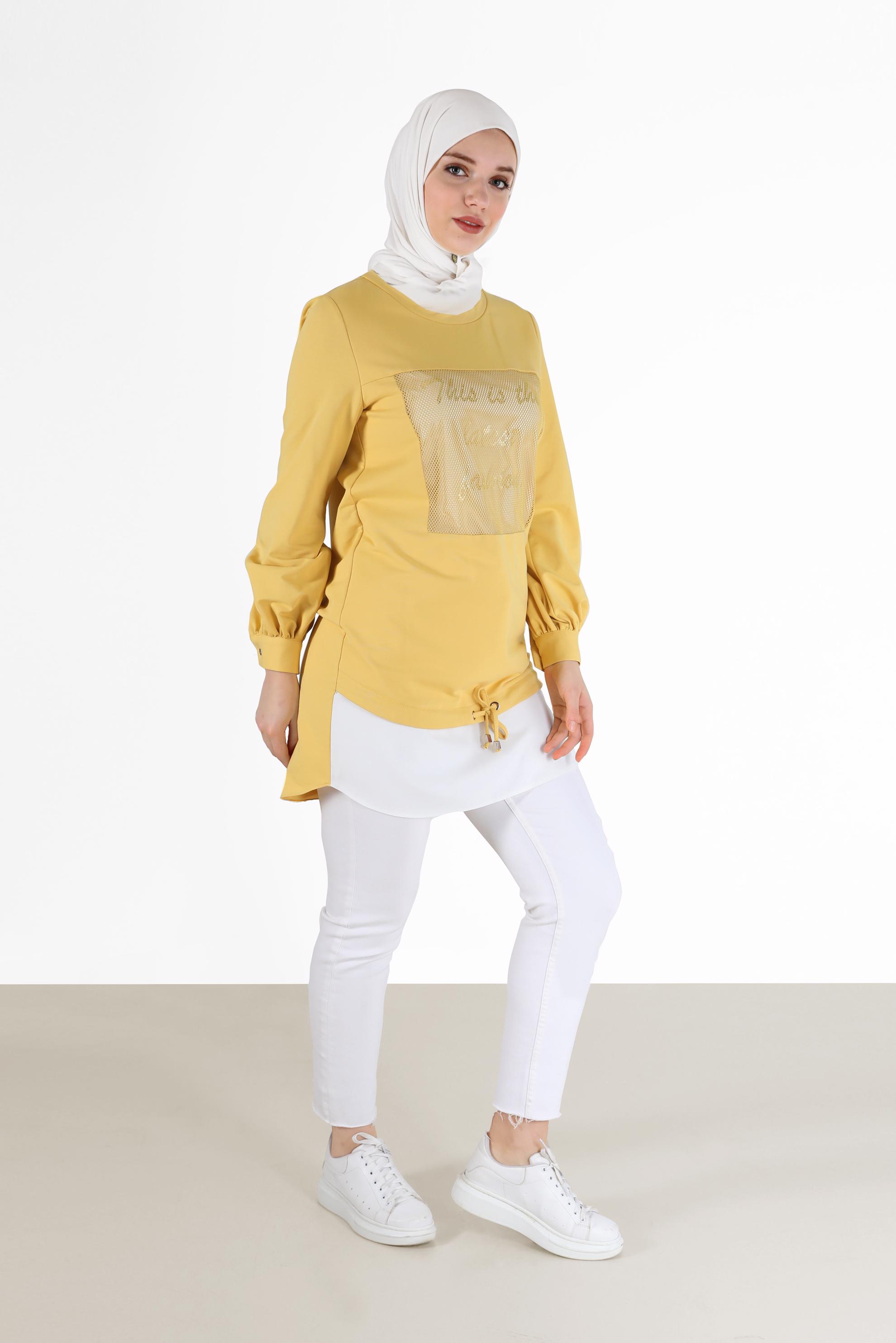 Tesettür giyim SARI FİLE DETAYLI YAZI BASKILI TUNİK 42233 