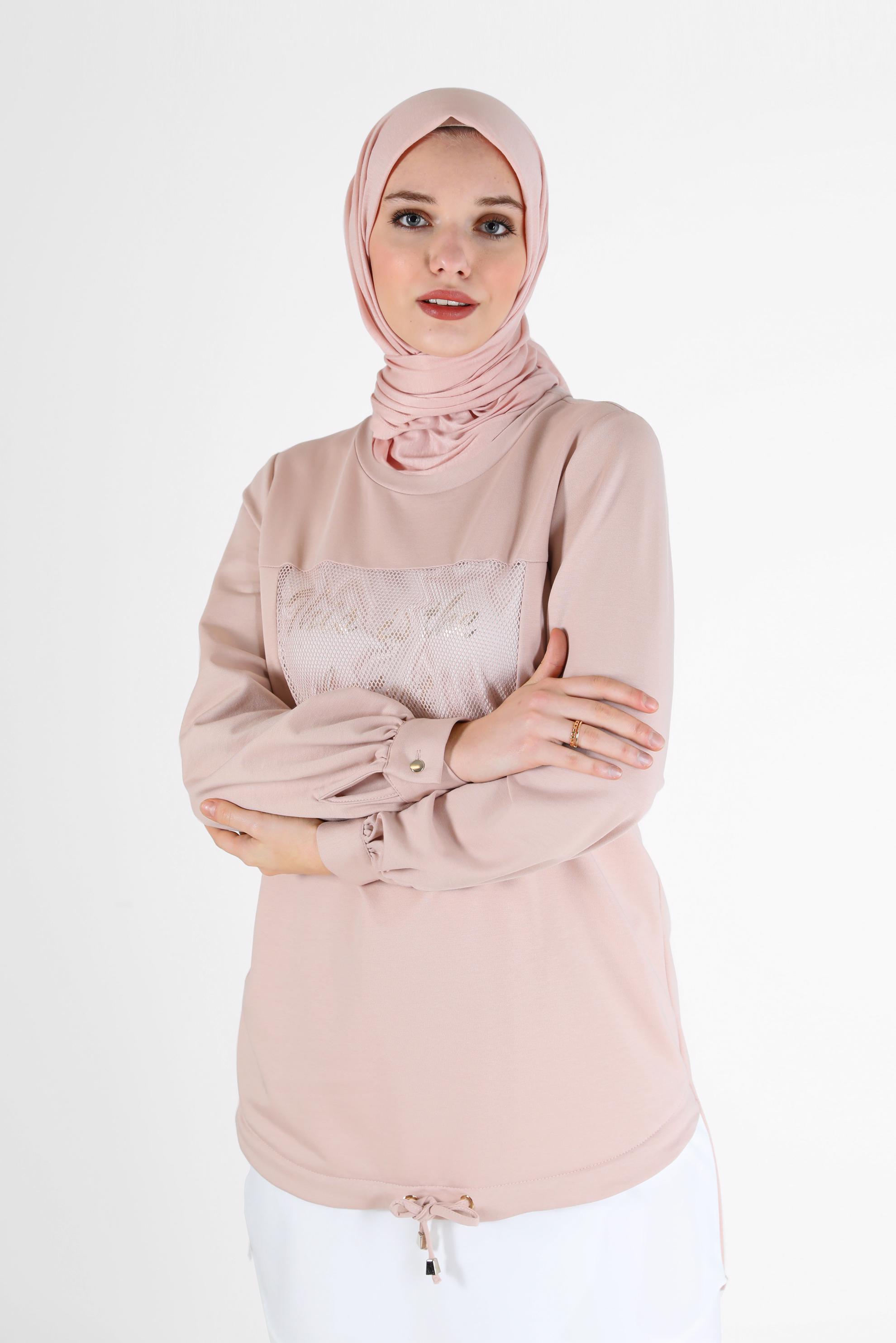 Tesettür giyim PUDRA FİLE DETAYLI YAZI BASKILI TUNİK 42233 