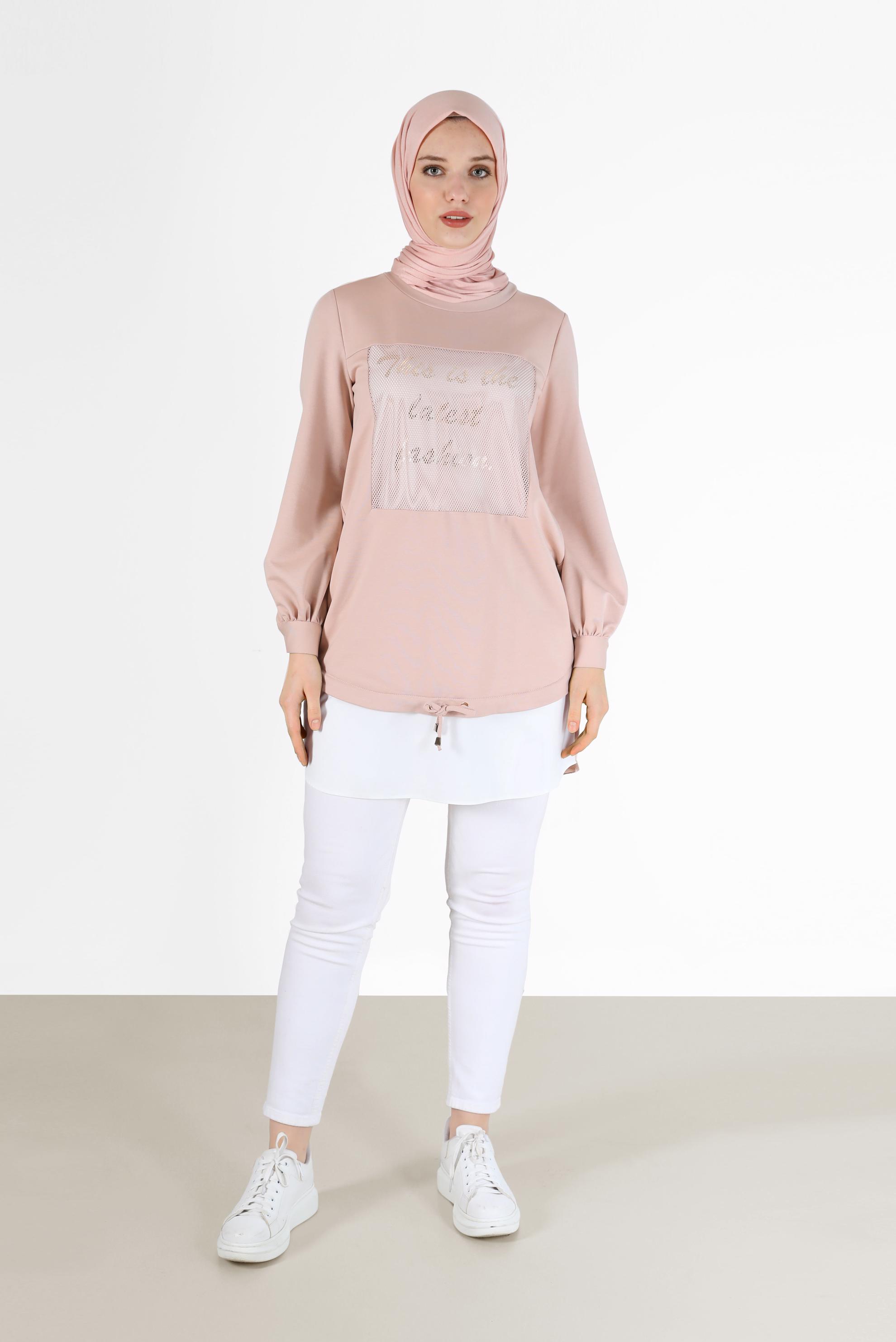 Tesettür giyim PUDRA FİLE DETAYLI YAZI BASKILI TUNİK 42233 