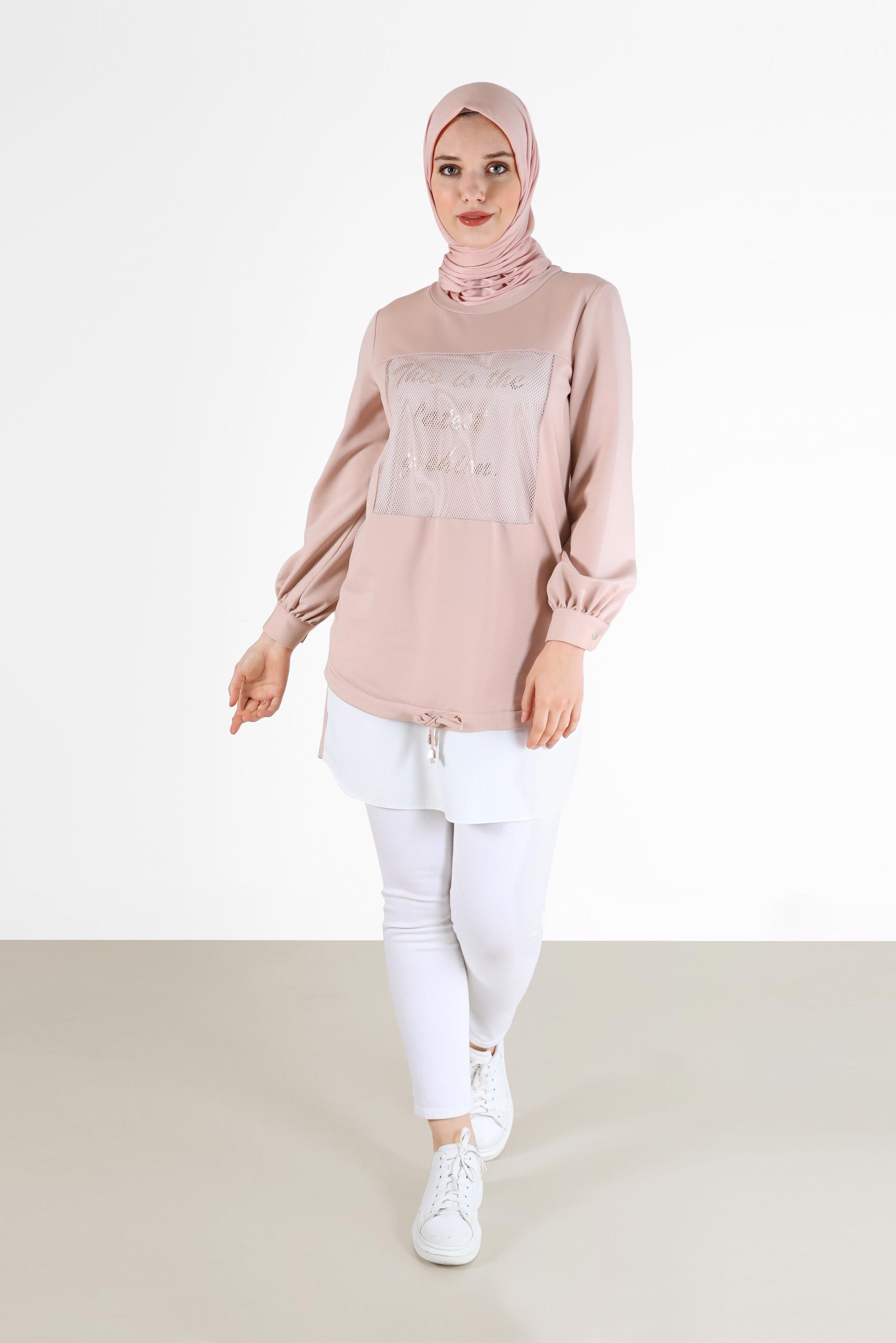Tesettür giyim PUDRA FİLE DETAYLI YAZI BASKILI TUNİK 42233 