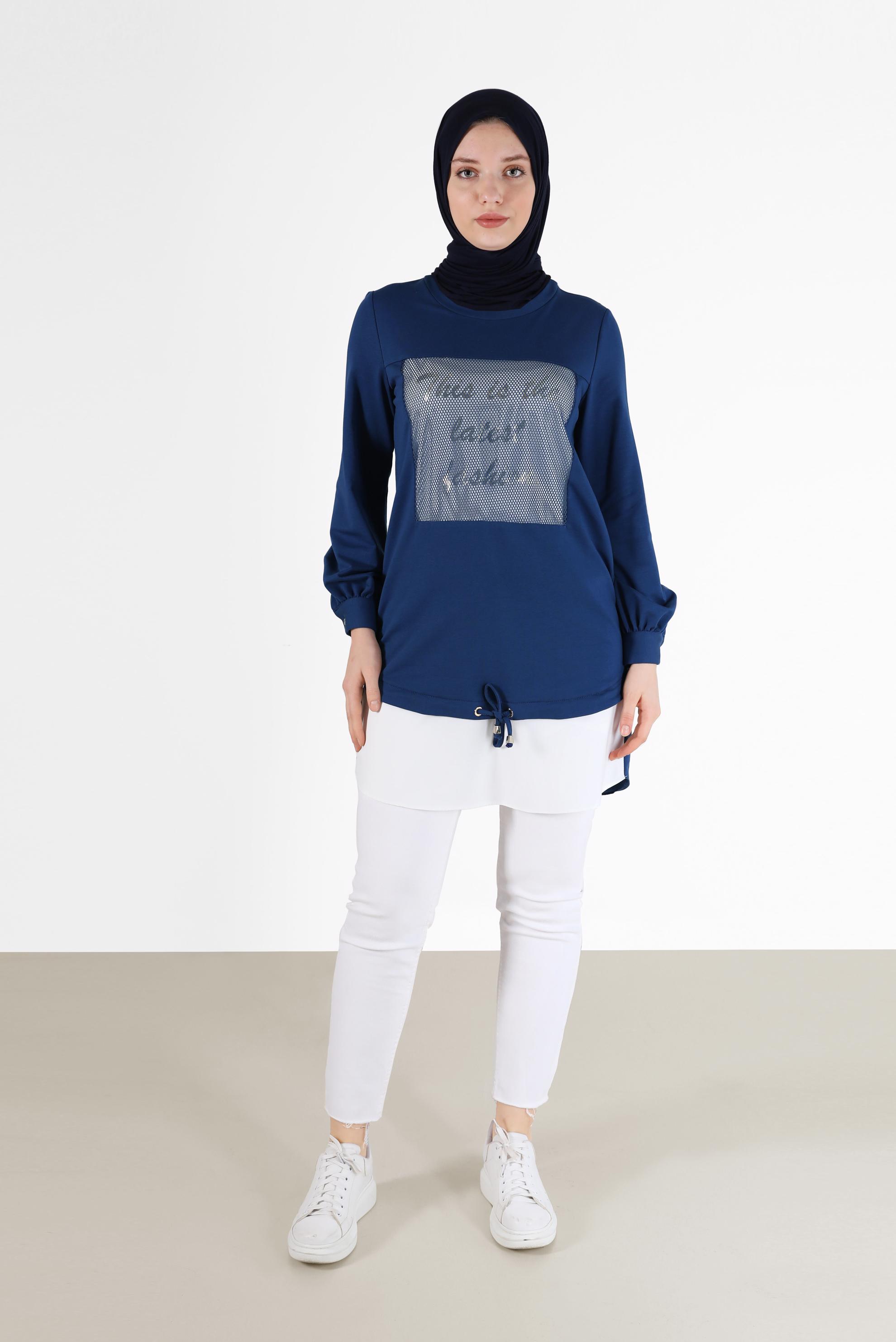 Tesettür giyim LACİVERT FİLE DETAYLI YAZI BASKILI TUNİK 42233 