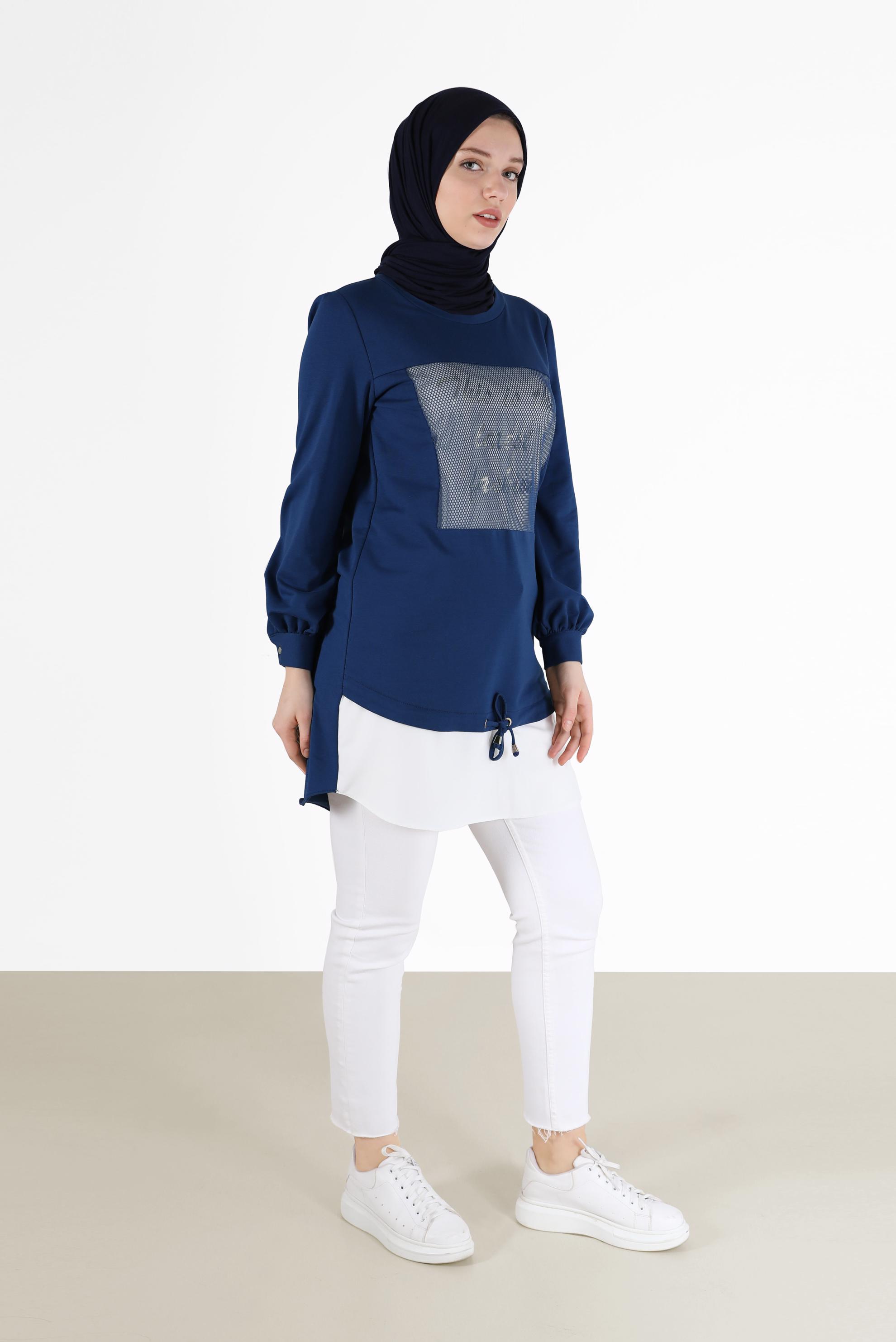 Tesettür giyim LACİVERT FİLE DETAYLI YAZI BASKILI TUNİK 42233 