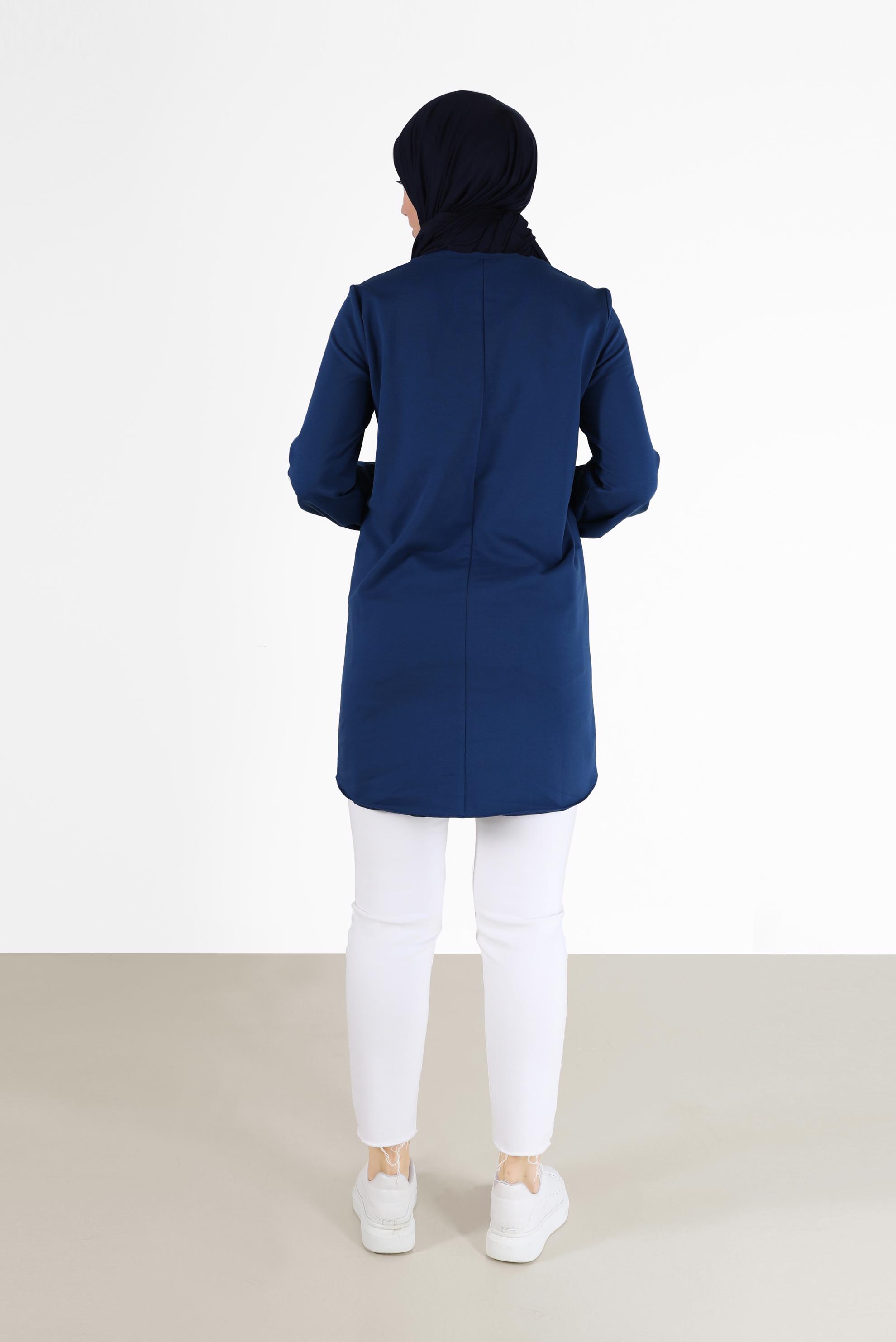 Tesettür giyim LACİVERT FİLE DETAYLI YAZI BASKILI TUNİK 42233 