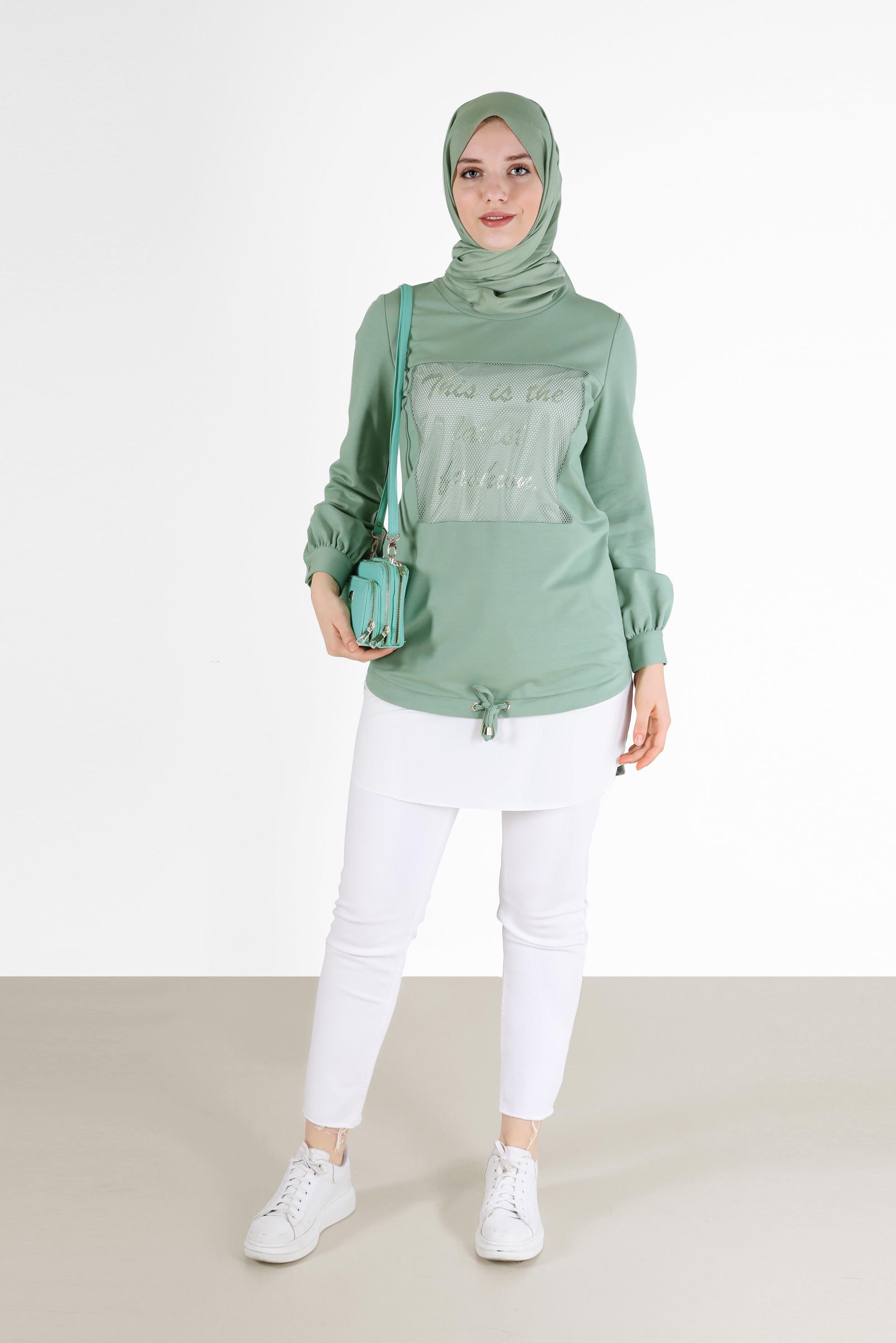 Tesettür giyim YEŞİL FİLE DETAYLI YAZI BASKILI TUNİK 42233 