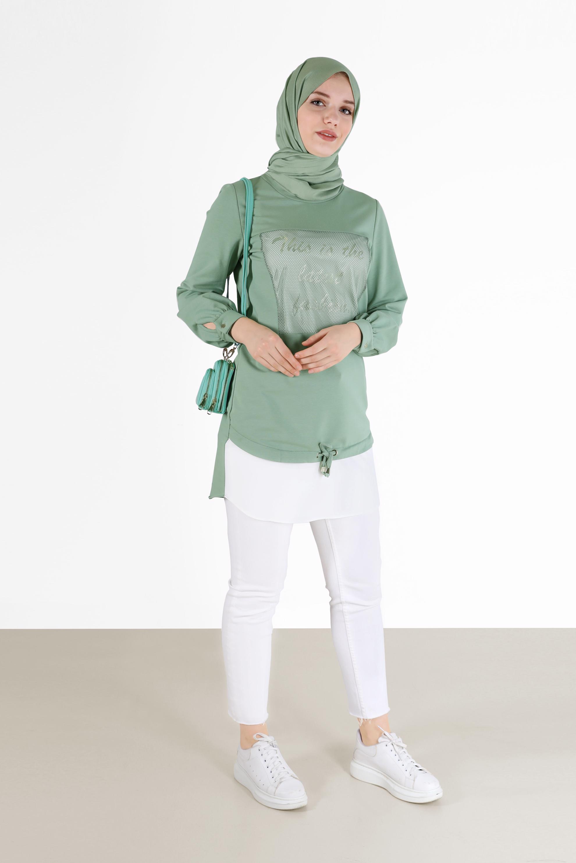 Tesettür giyim YEŞİL FİLE DETAYLI YAZI BASKILI TUNİK 42233 