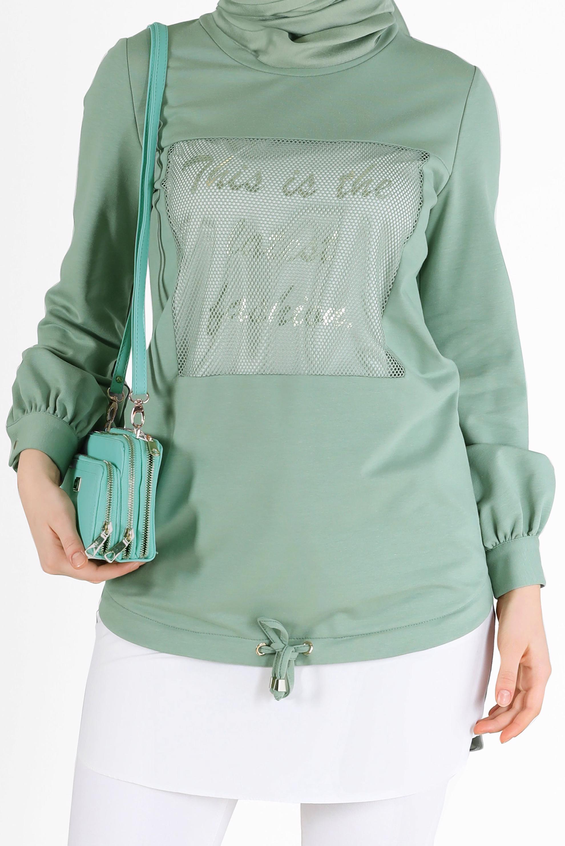 Tesettür giyim YEŞİL FİLE DETAYLI YAZI BASKILI TUNİK 42233 