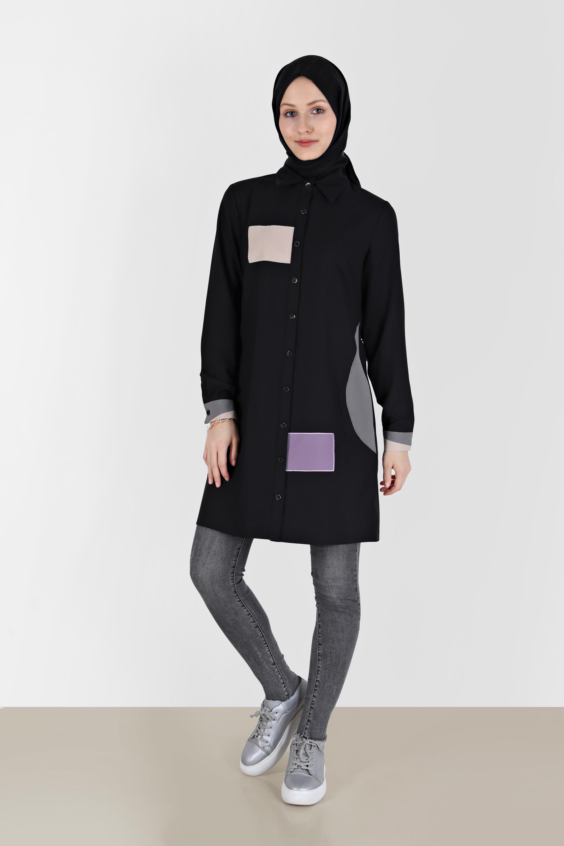 Tesettür giyim SİYAH GEOMETRİK ŞEKİL DETAYLI TUNİK 42234 