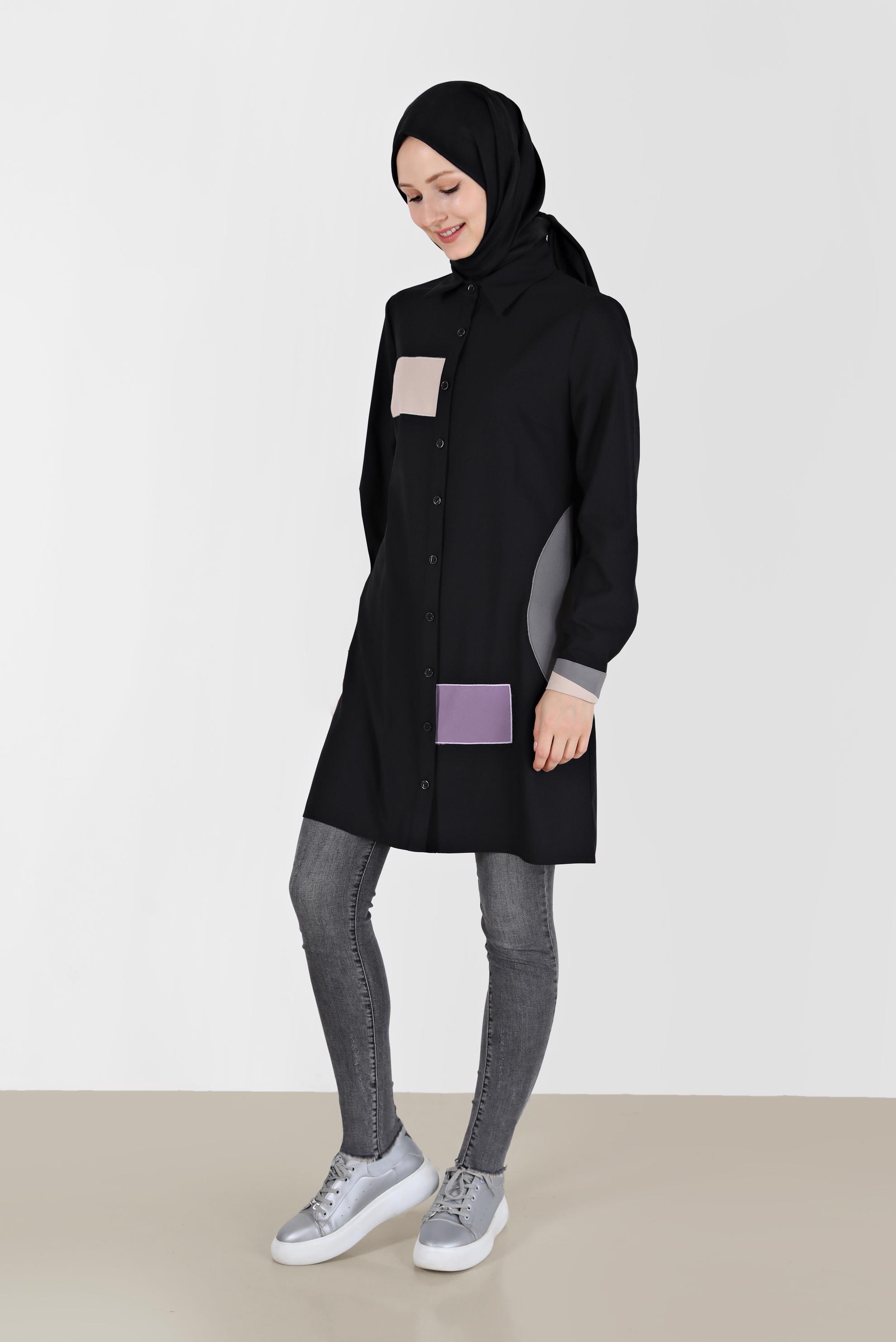 Tesettür giyim SİYAH GEOMETRİK ŞEKİL DETAYLI TUNİK 42234 