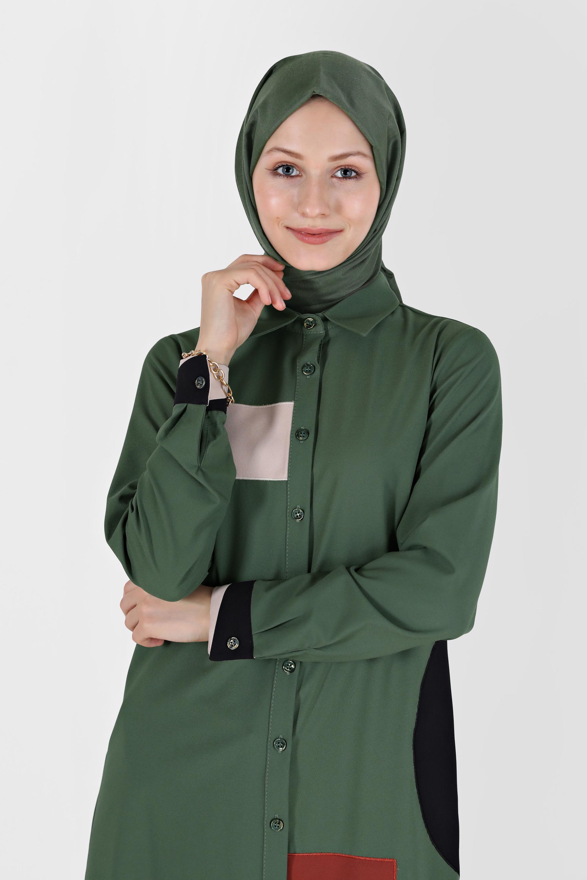 Tesettür giyim HAKİ GEOMETRİK ŞEKİL DETAYLI TUNİK 42234 