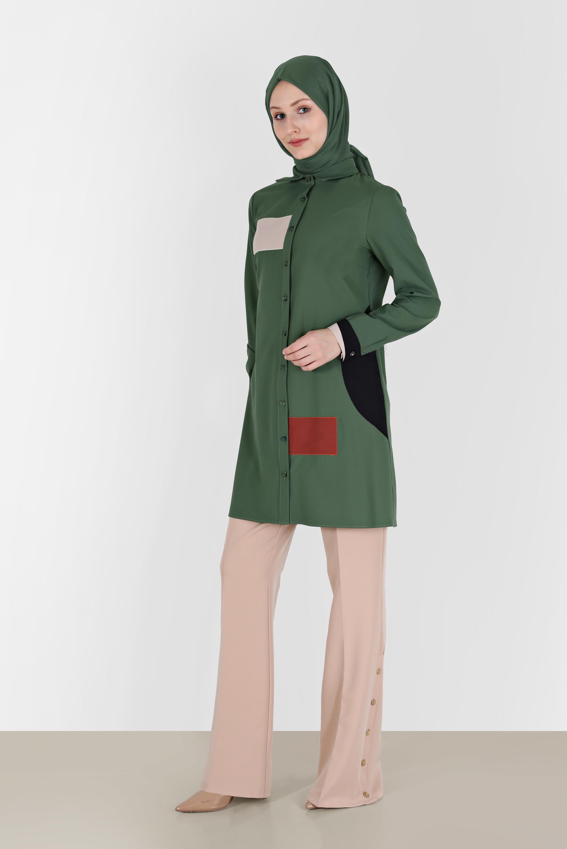 Tesettür giyim HAKİ GEOMETRİK ŞEKİL DETAYLI TUNİK 42234 