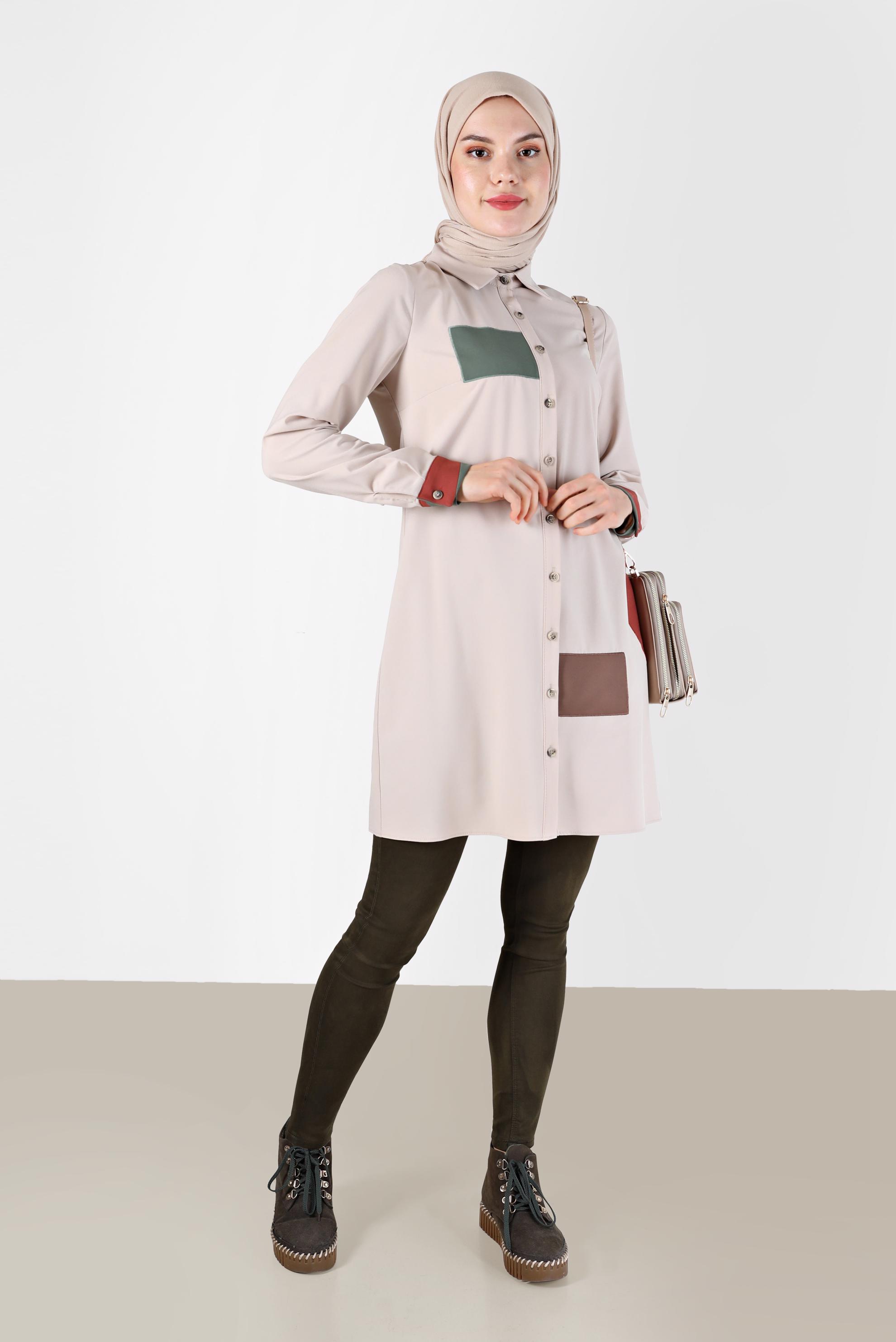 Tesettür giyim BEJ GEOMETRİK ŞEKİL DETAYLI TUNİK 42234 