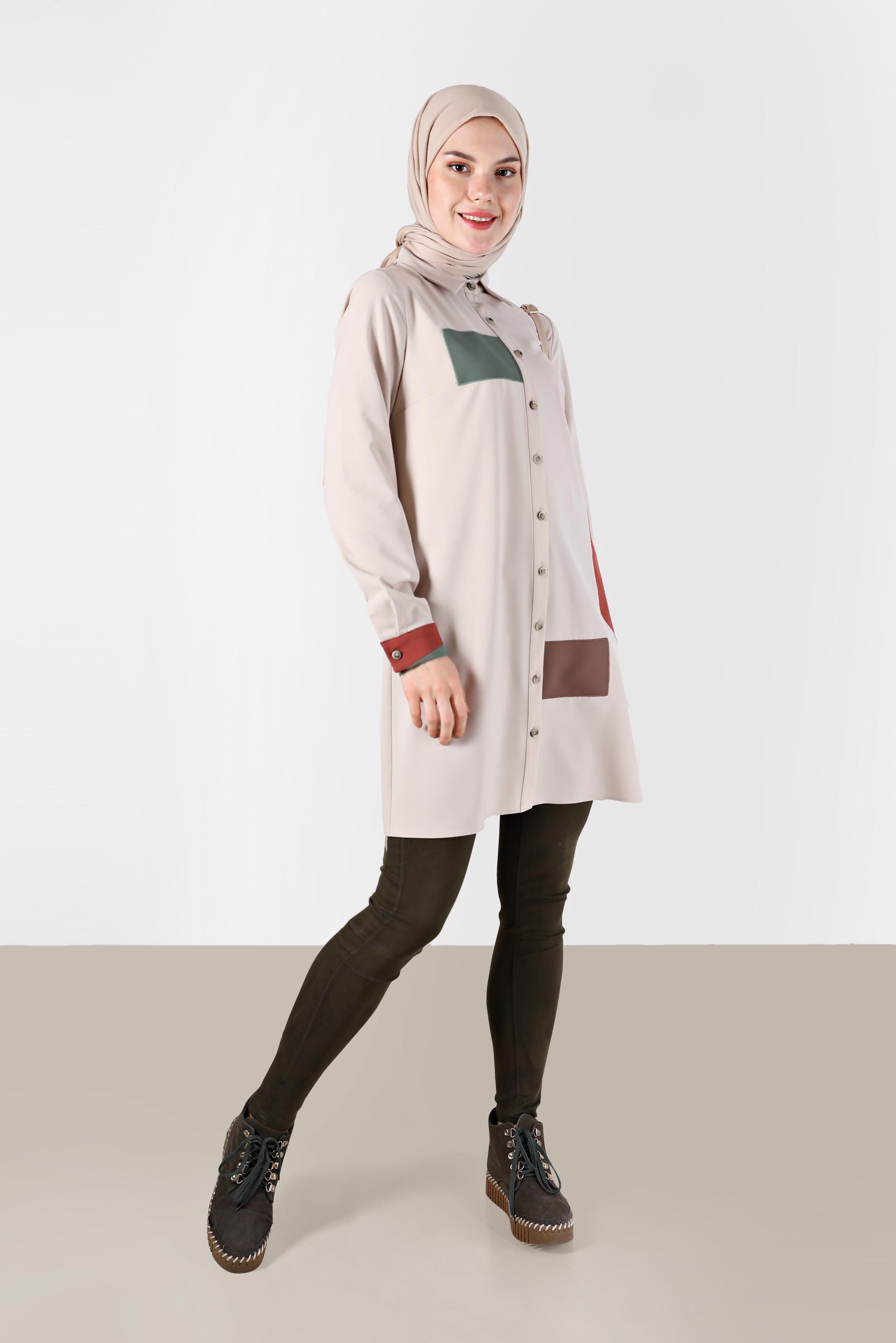 Tesettür giyim BEJ GEOMETRİK ŞEKİL DETAYLI TUNİK 42234 