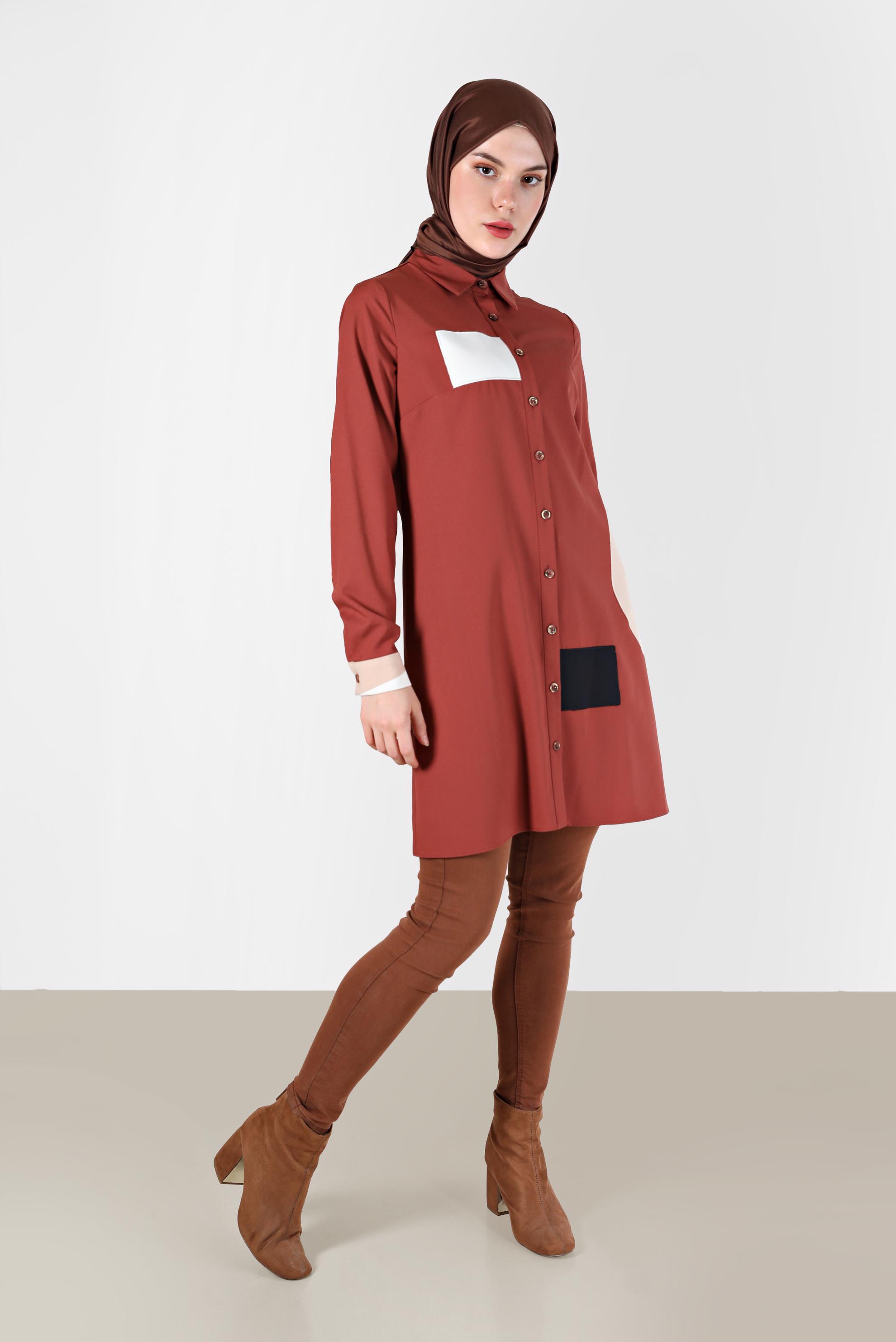 Tesettür giyim TURUNCU GEOMETRİK ŞEKİL DETAYLI TUNİK 42234 