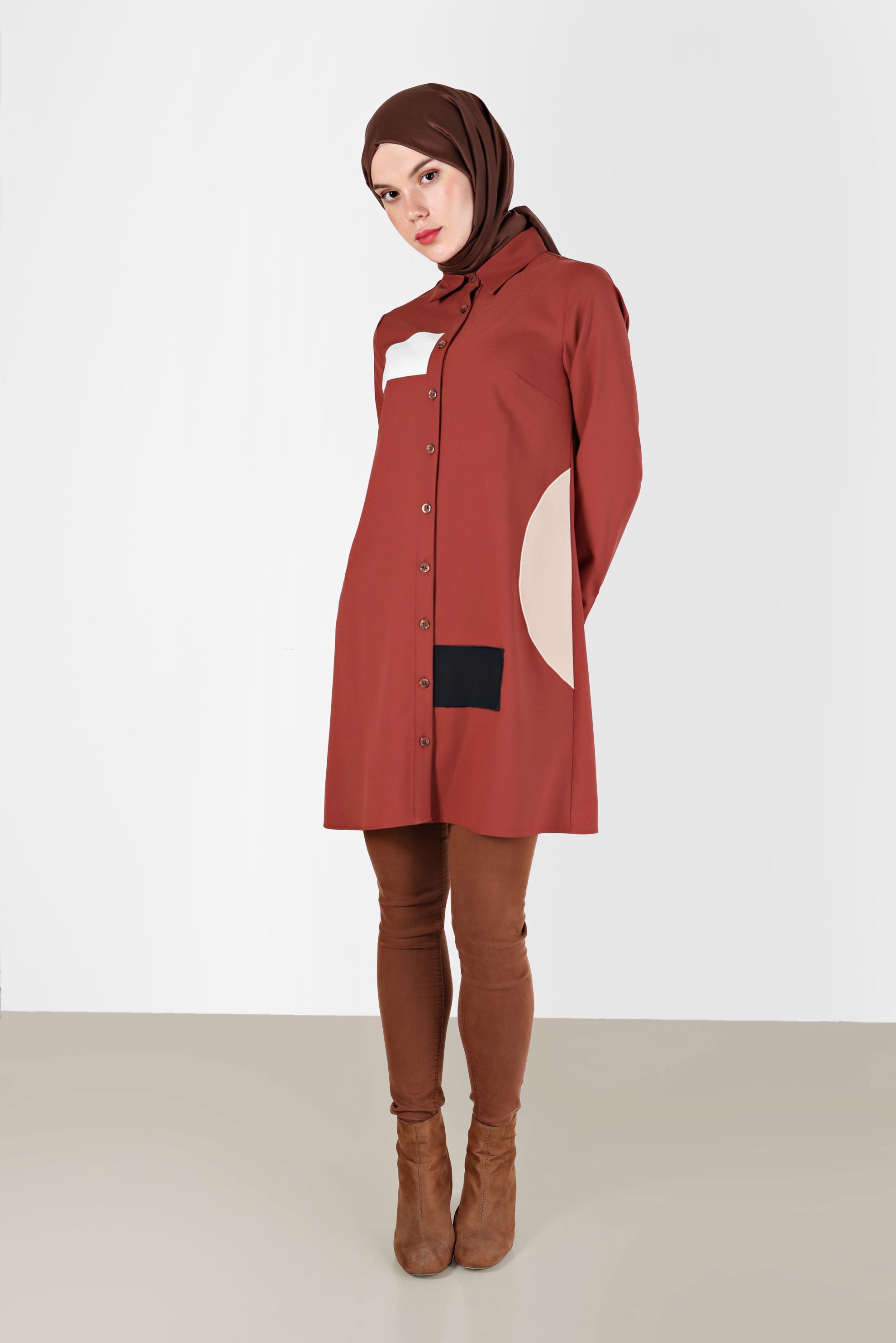 Tesettür giyim TURUNCU GEOMETRİK ŞEKİL DETAYLI TUNİK 42234 