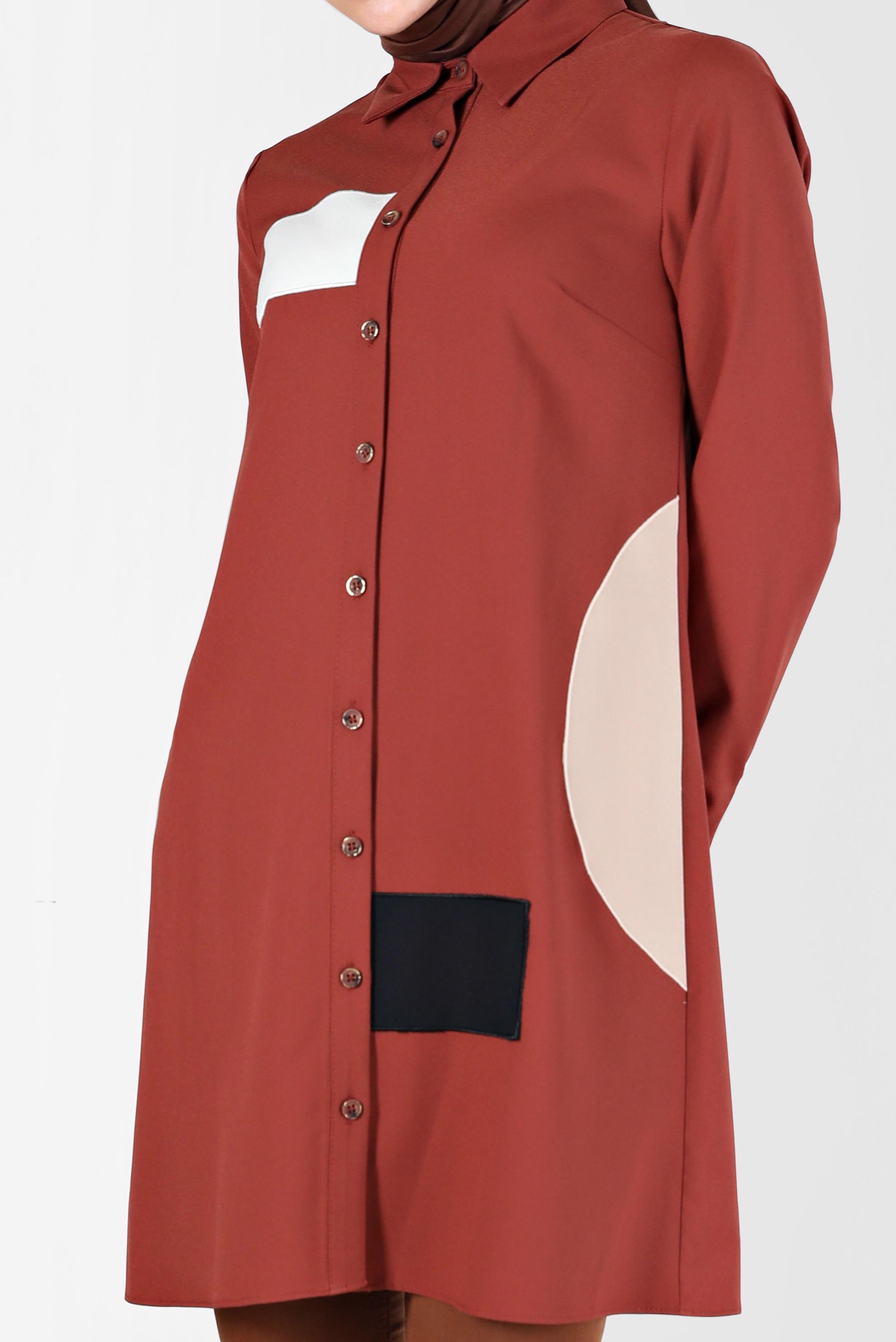 Tesettür giyim TURUNCU GEOMETRİK ŞEKİL DETAYLI TUNİK 42234 