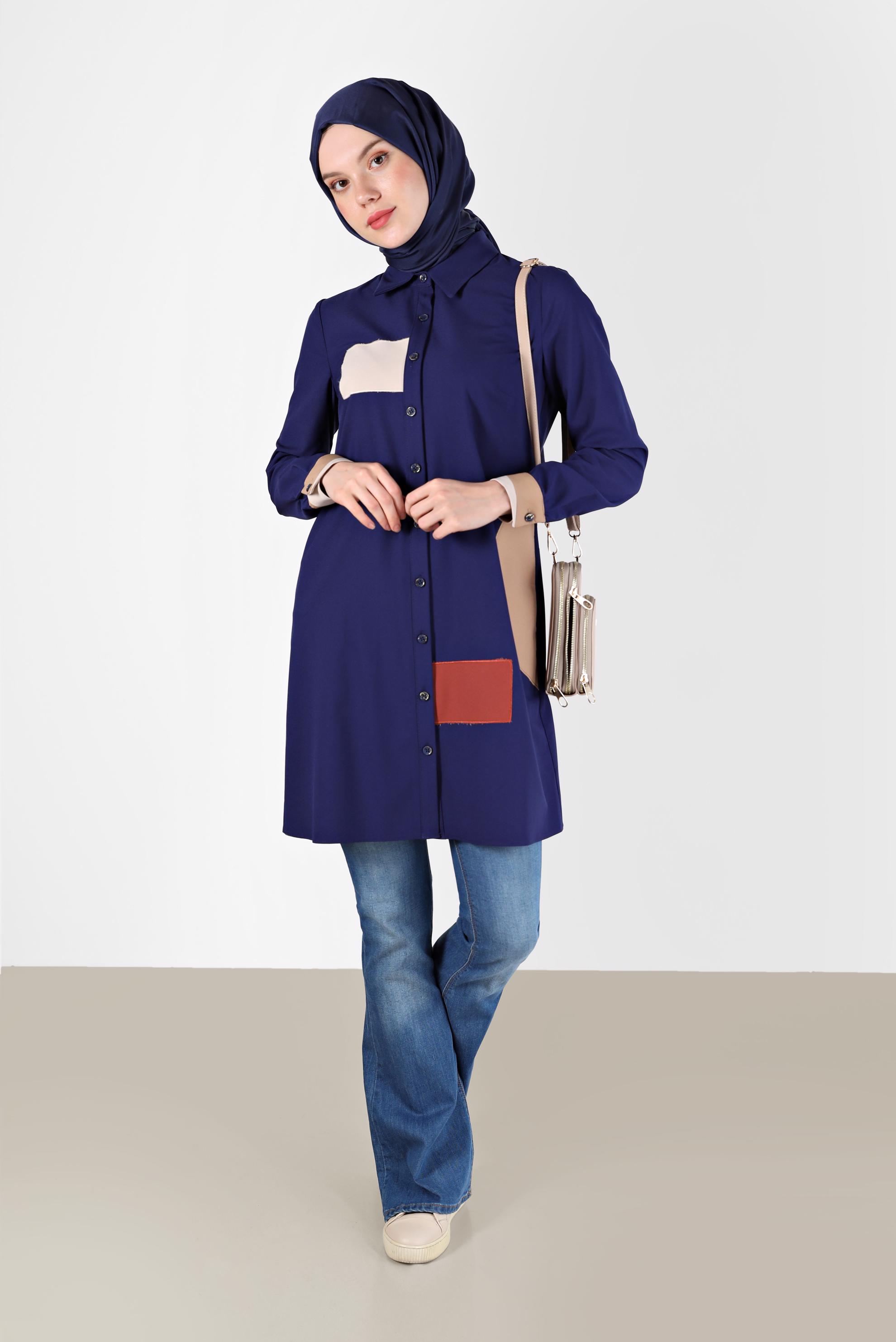 Tesettür giyim LACİVERT GEOMETRİK ŞEKİL DETAYLI TUNİK 42234 