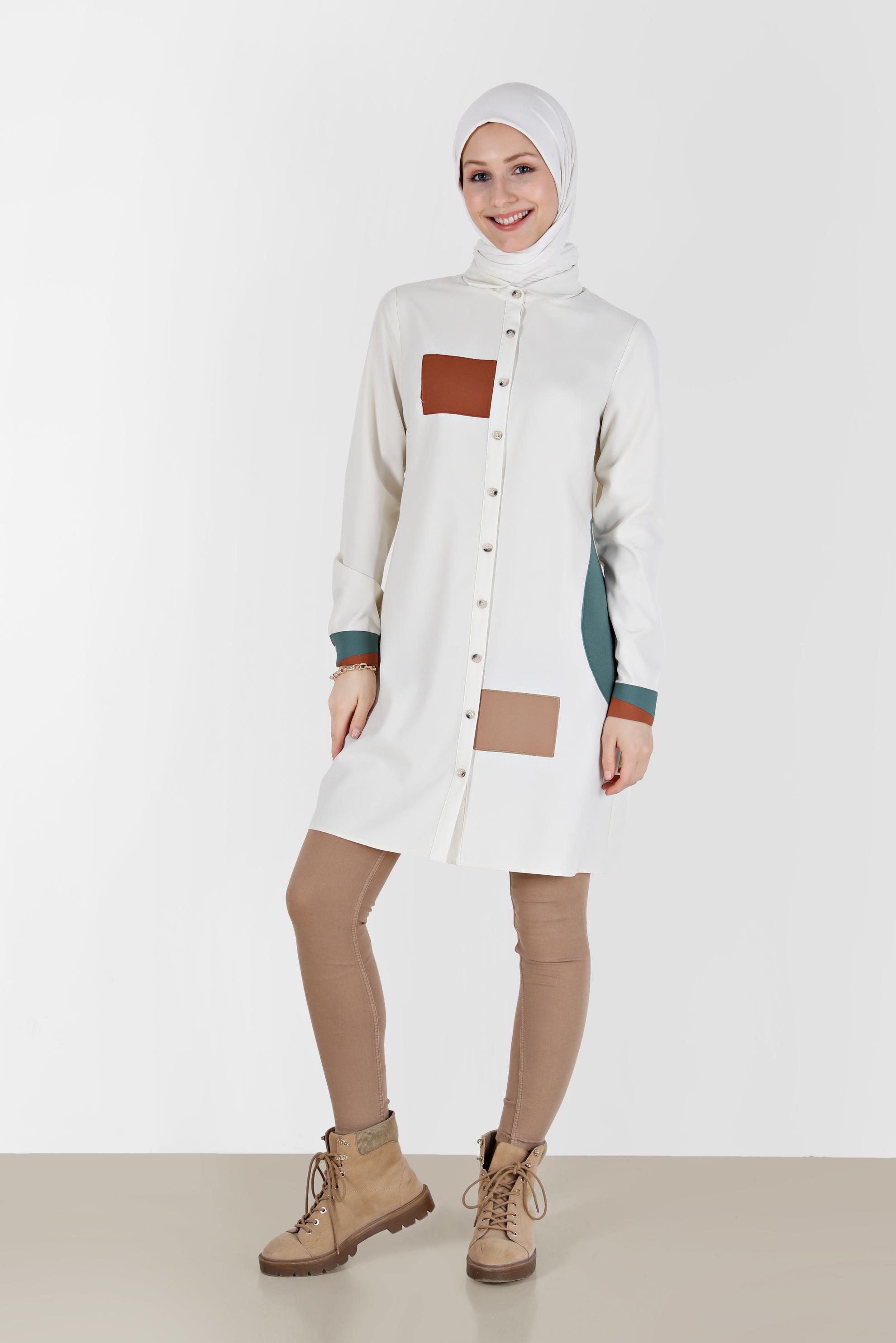 Tesettür giyim EKRU GEOMETRİK ŞEKİL DETAYLI TUNİK 42234 