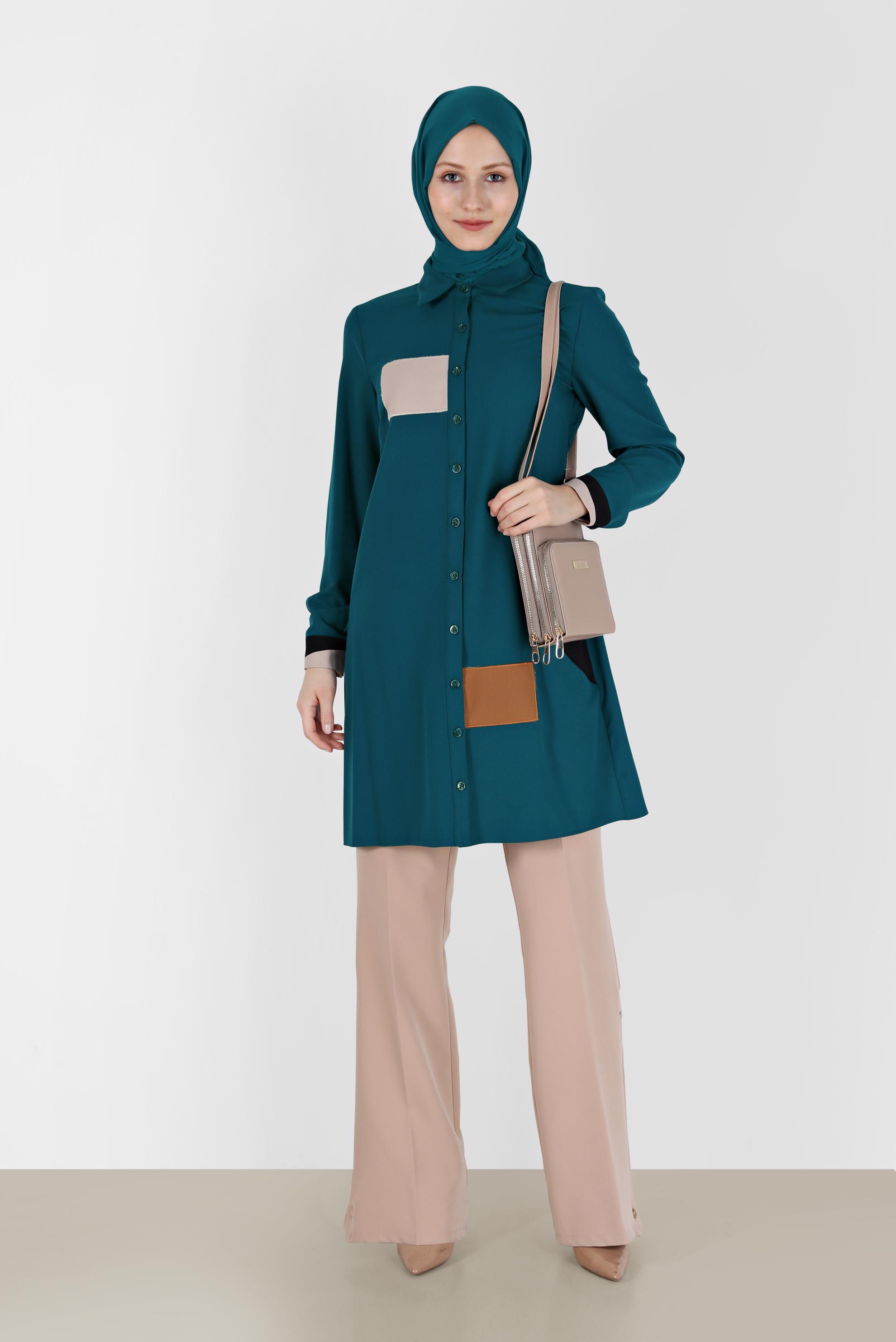 Tesettür giyim YEŞİL GEOMETRİK ŞEKİL DETAYLI TUNİK 42234 