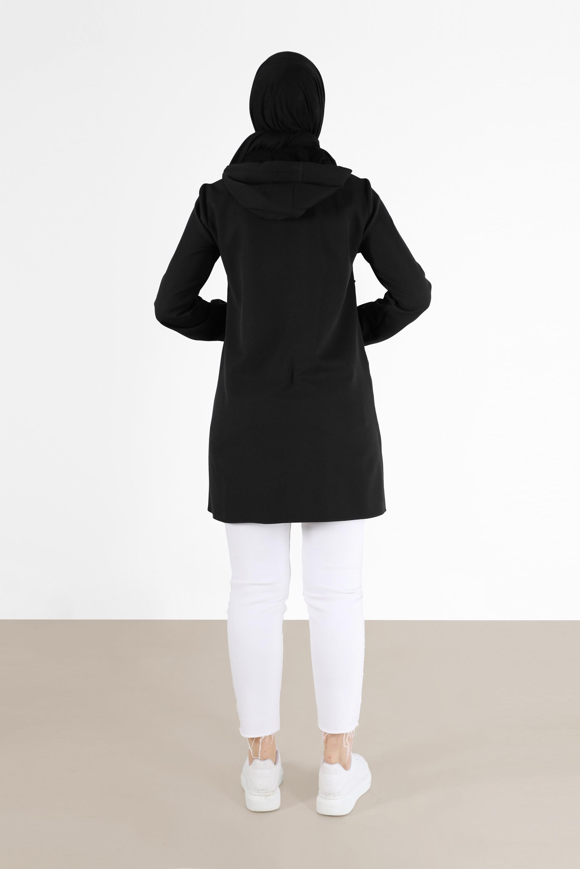 Tesettür giyim SİYAH FİLE DETAYLI KAPÜŞONLU TUNİK 42249 