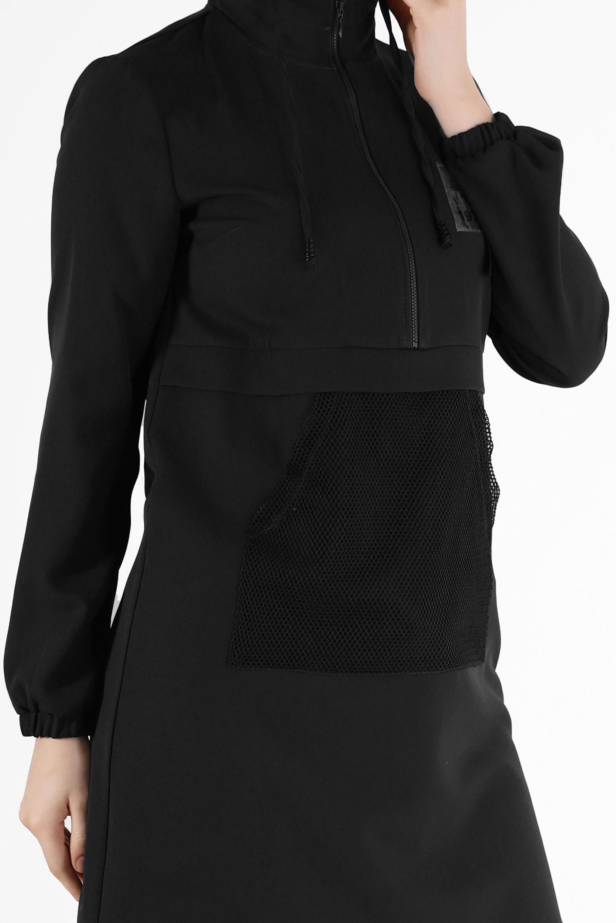 Tesettür giyim SİYAH FİLE DETAYLI KAPÜŞONLU TUNİK 42249 