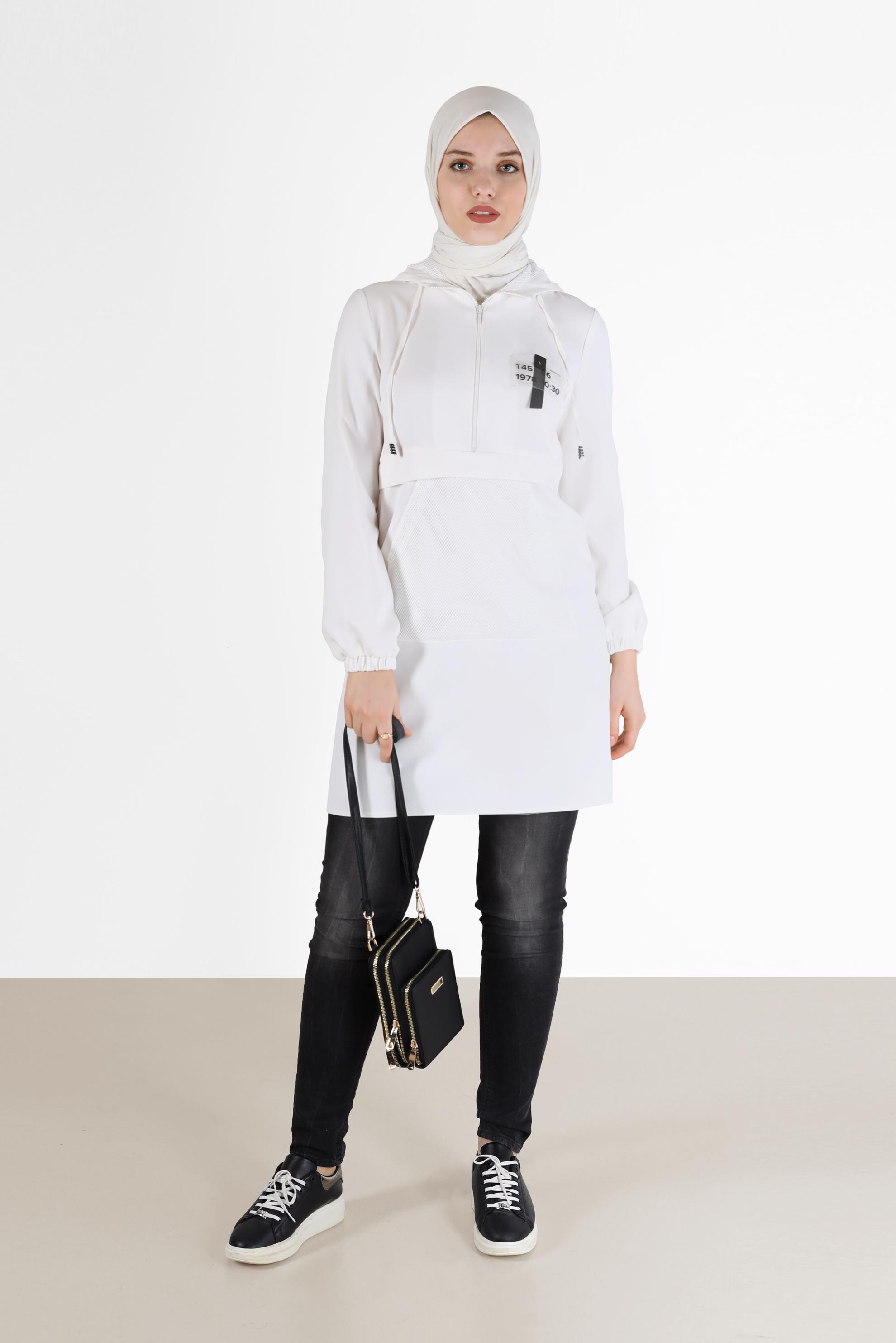 Tesettür giyim BEYAZ FİLE DETAYLI KAPÜŞONLU TUNİK 42249 