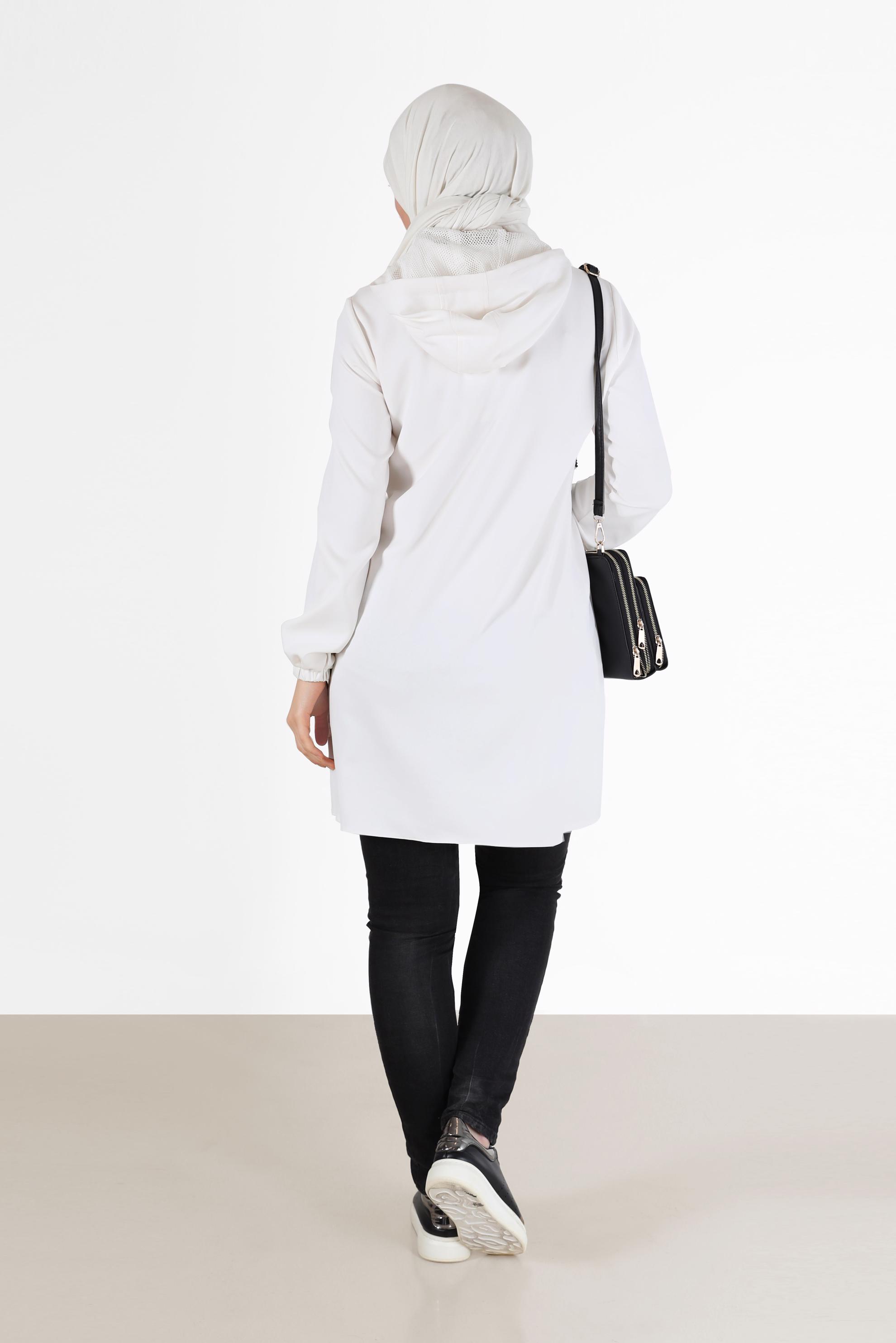 Tesettür giyim BEYAZ FİLE DETAYLI KAPÜŞONLU TUNİK 42249 