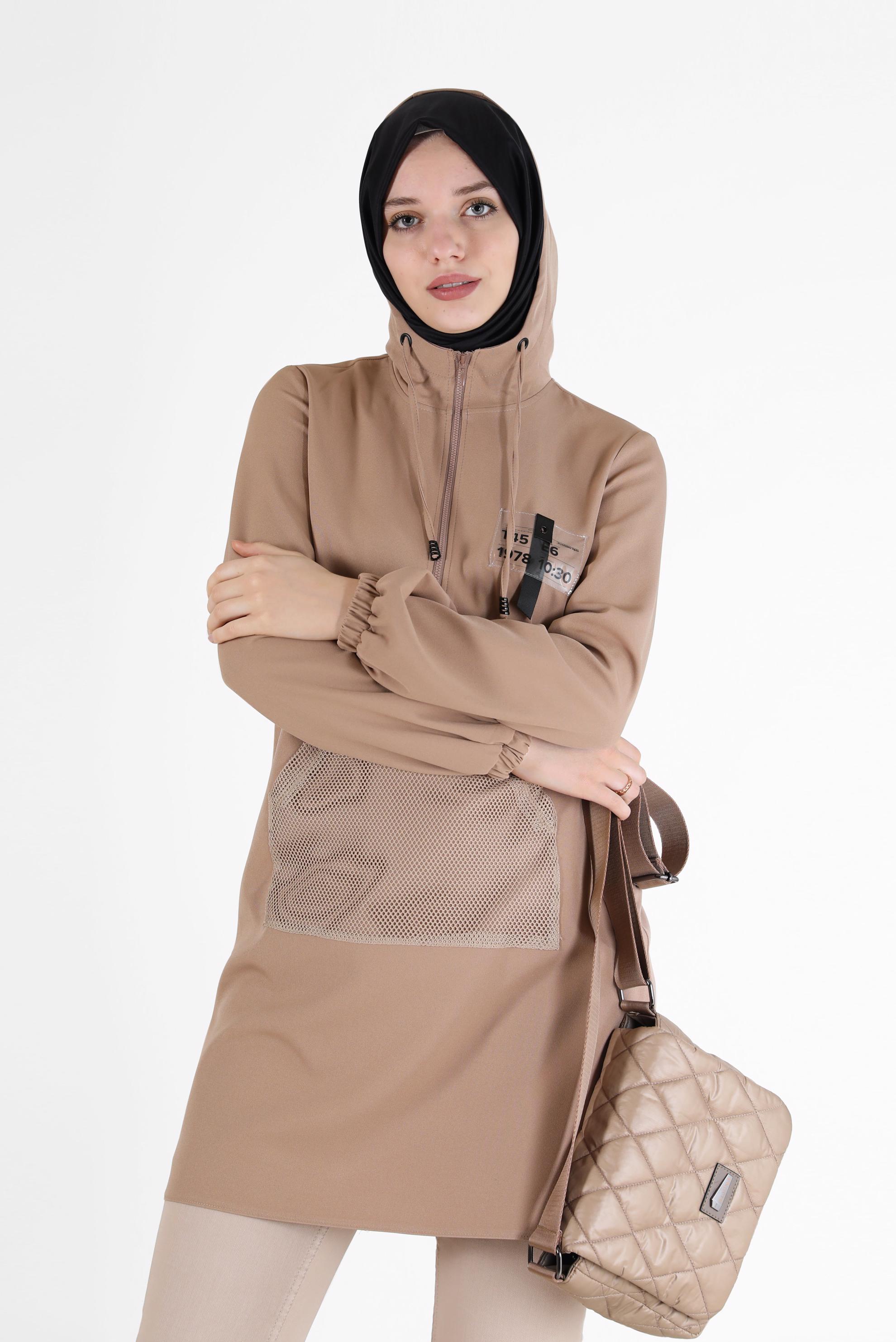 Tesettür giyim KAHVE FİLE DETAYLI KAPÜŞONLU TUNİK 42249 