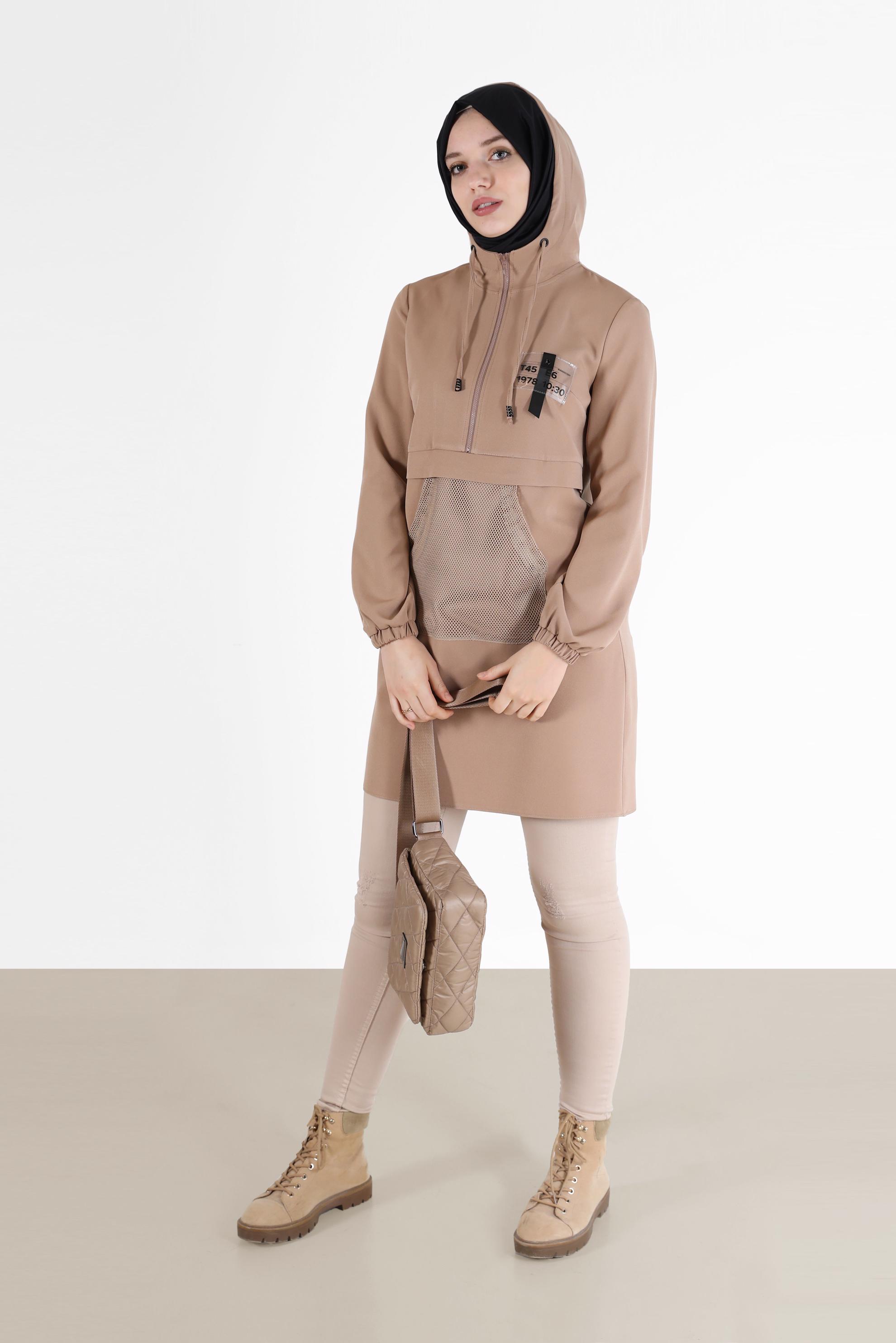 Tesettür giyim KAHVE FİLE DETAYLI KAPÜŞONLU TUNİK 42249 