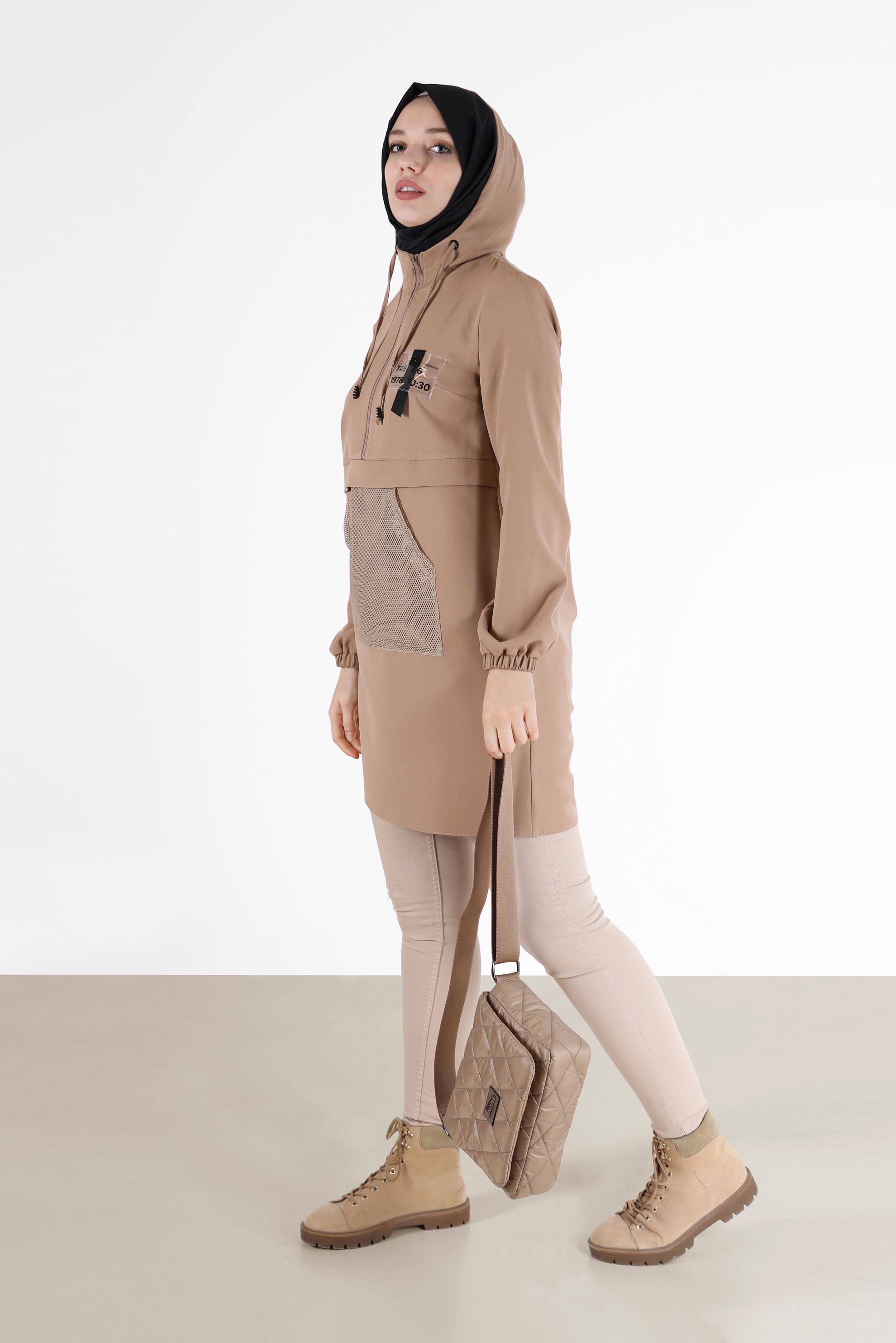 Tesettür giyim KAHVE FİLE DETAYLI KAPÜŞONLU TUNİK 42249 