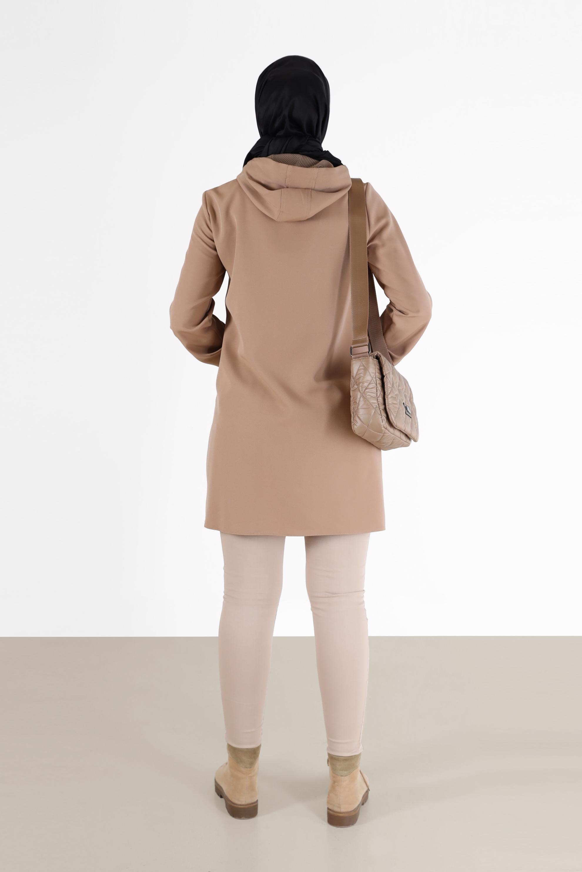 Tesettür giyim KAHVE FİLE DETAYLI KAPÜŞONLU TUNİK 42249 