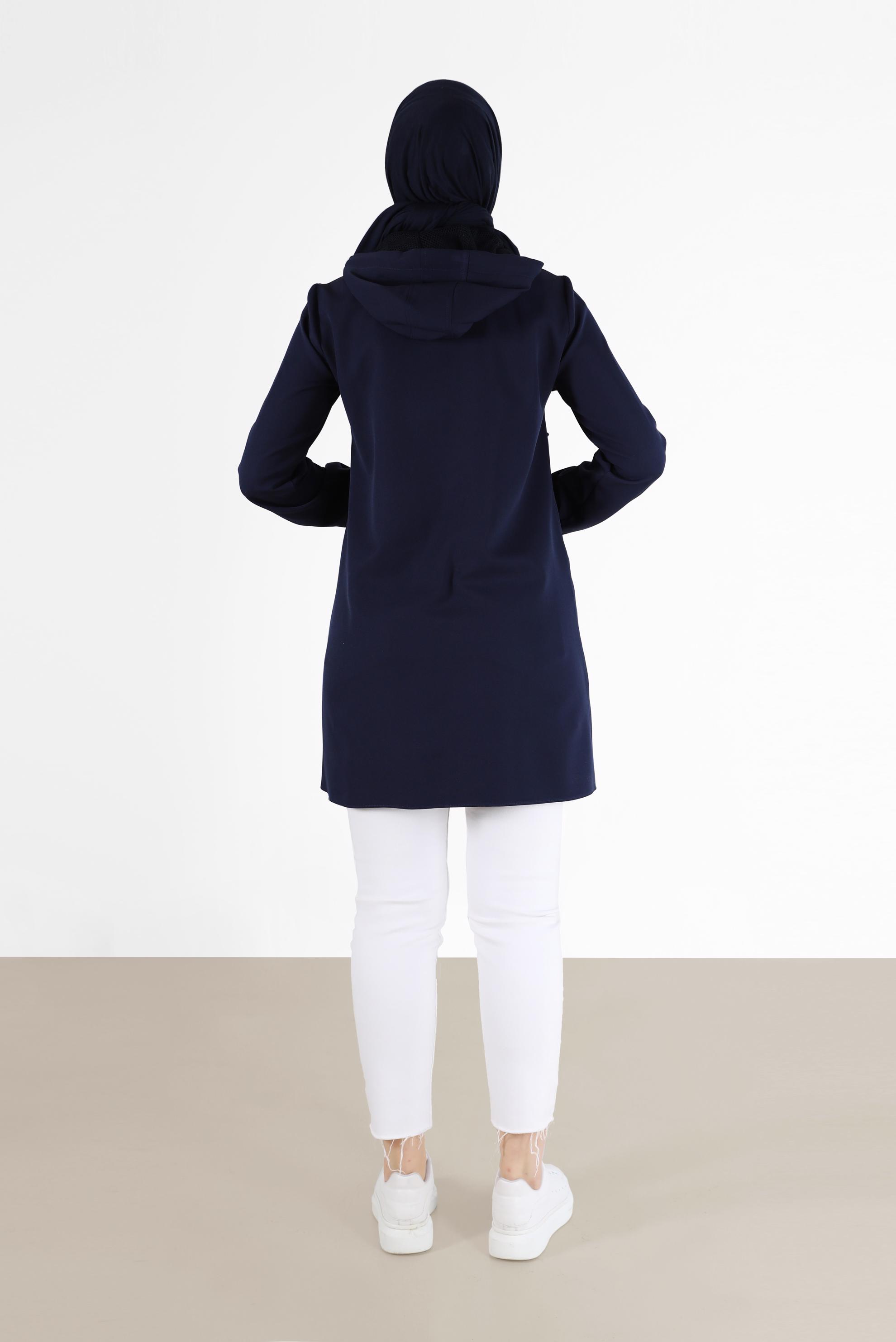 Tesettür giyim LACİVERT FİLE DETAYLI KAPÜŞONLU TUNİK 42249 