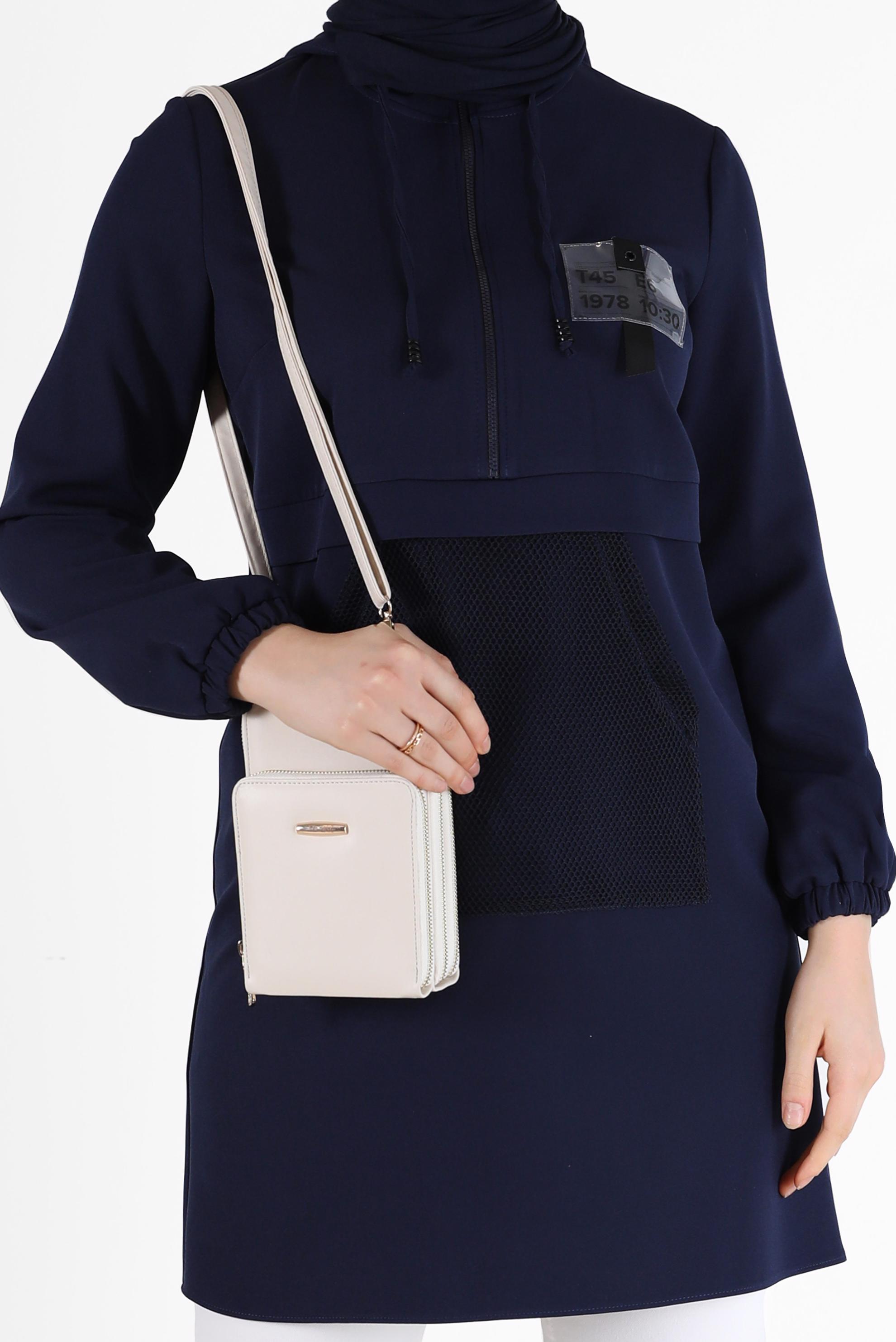 Tesettür giyim LACİVERT FİLE DETAYLI KAPÜŞONLU TUNİK 42249 