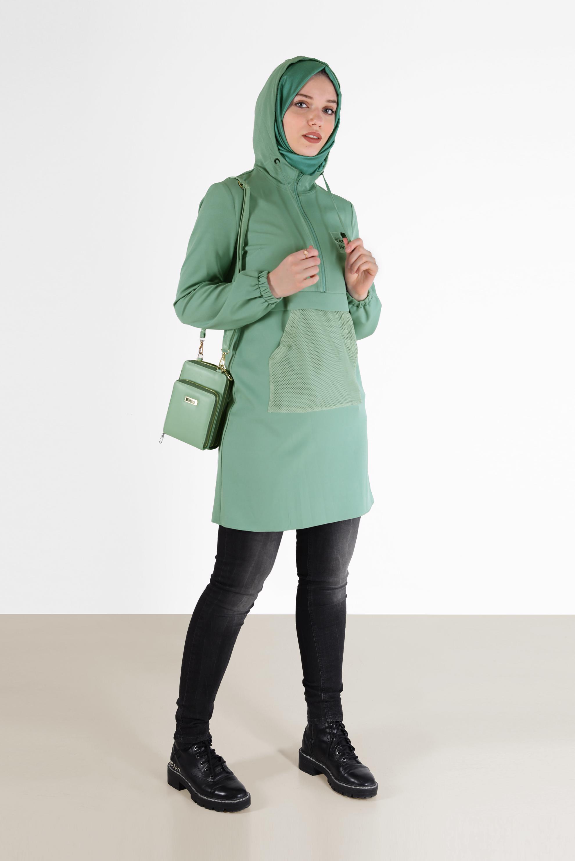 Tesettür giyim YEŞİL FİLE DETAYLI KAPÜŞONLU TUNİK 42249 