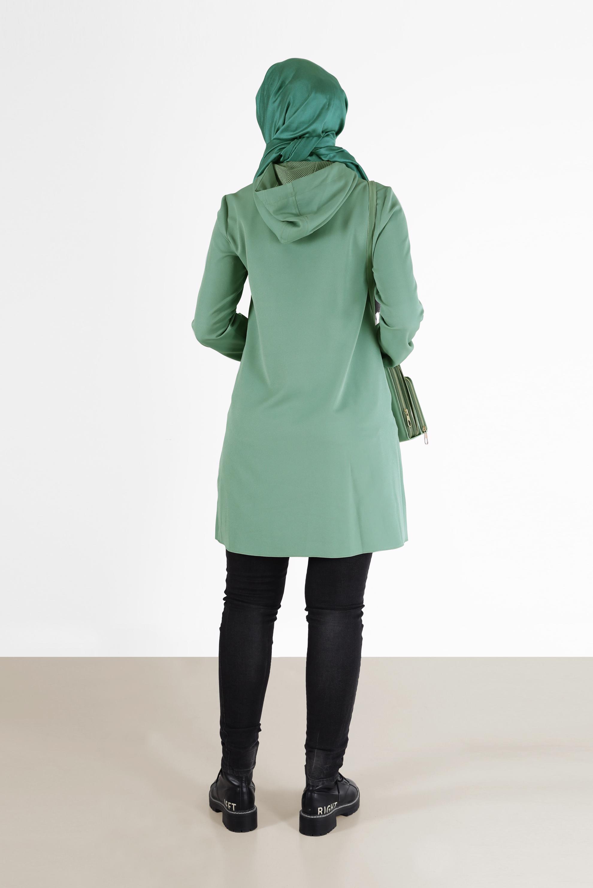 Tesettür giyim YEŞİL FİLE DETAYLI KAPÜŞONLU TUNİK 42249 