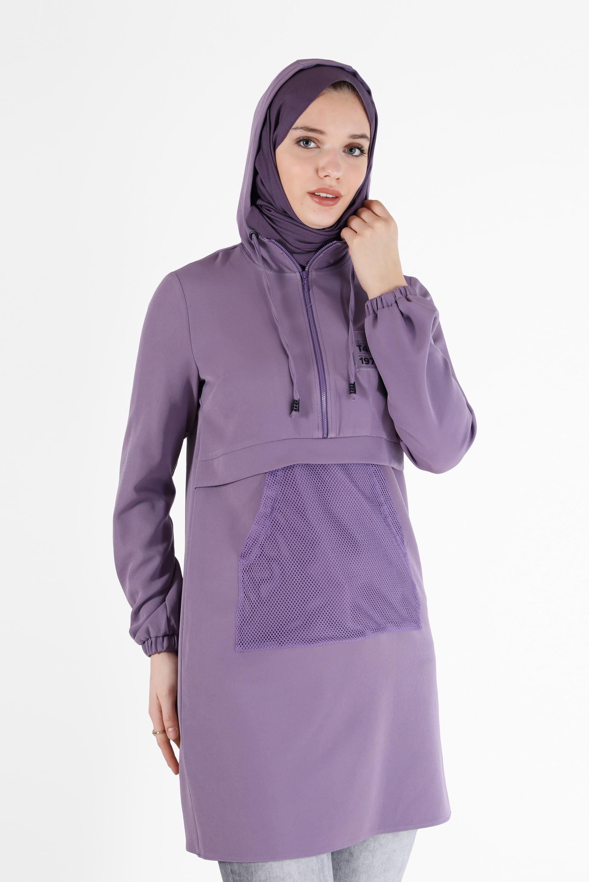 Tesettür giyim MOR FİLE DETAYLI KAPÜŞONLU TUNİK 42249 