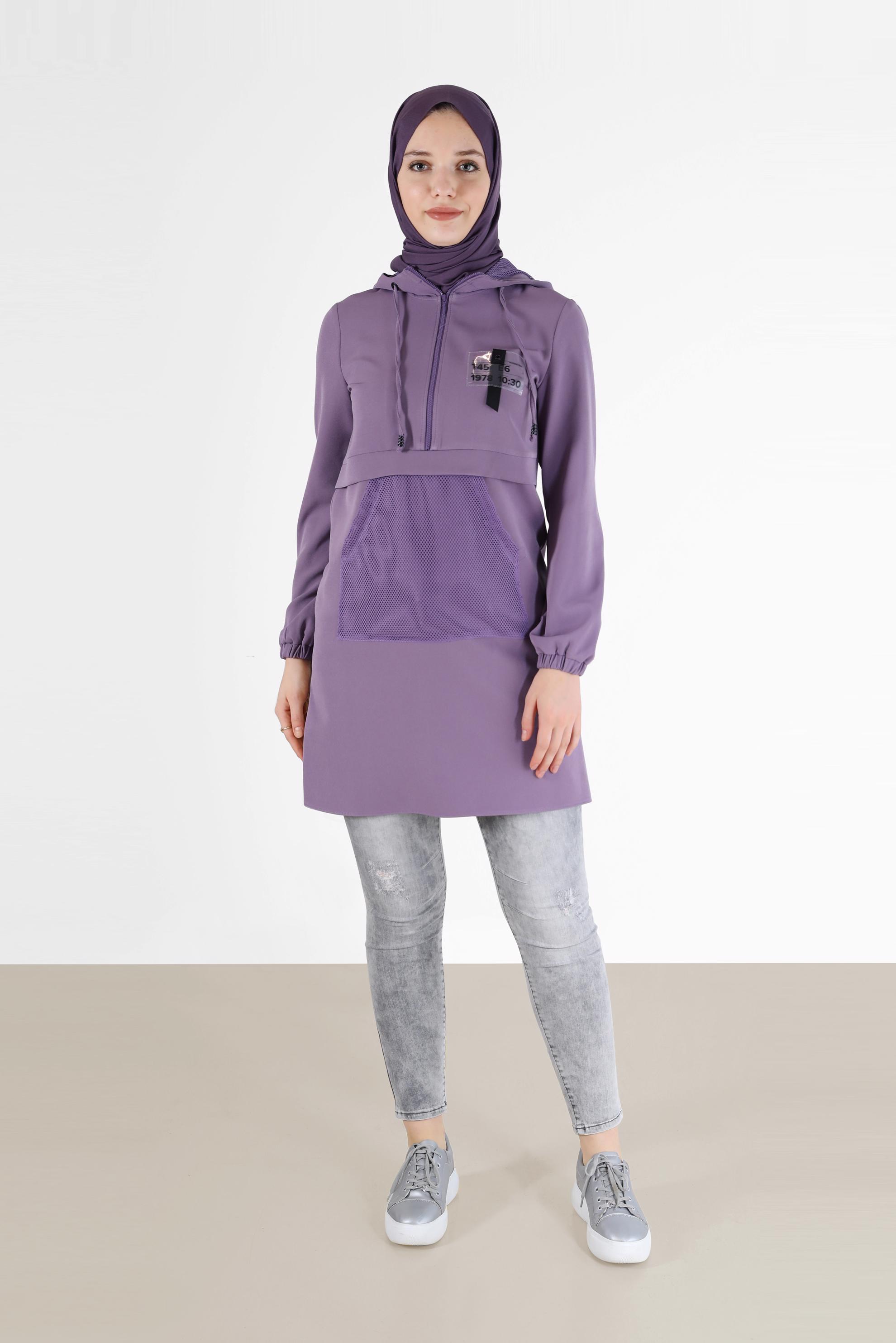 Tesettür giyim MOR FİLE DETAYLI KAPÜŞONLU TUNİK 42249 
