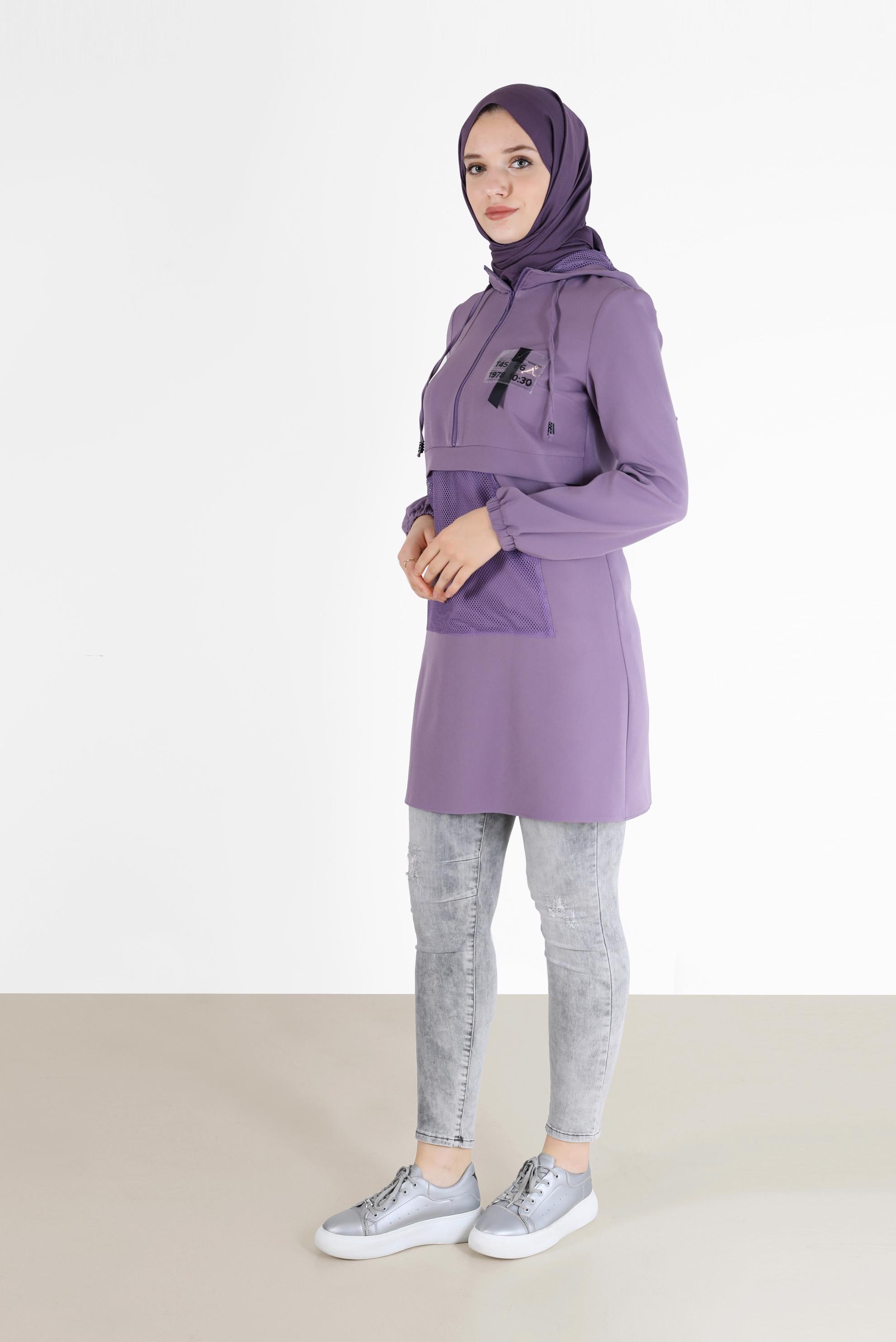 Tesettür giyim MOR FİLE DETAYLI KAPÜŞONLU TUNİK 42249 
