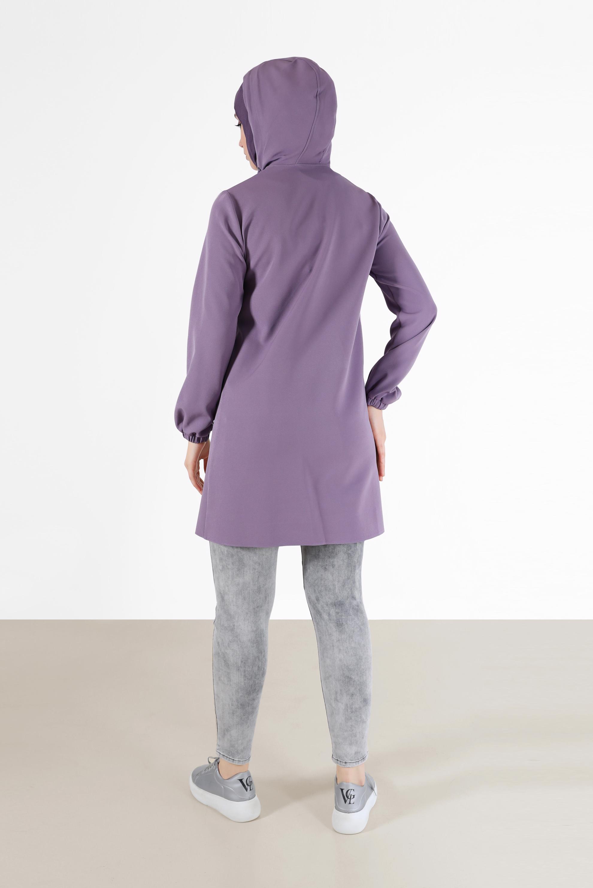 Tesettür giyim MOR FİLE DETAYLI KAPÜŞONLU TUNİK 42249 