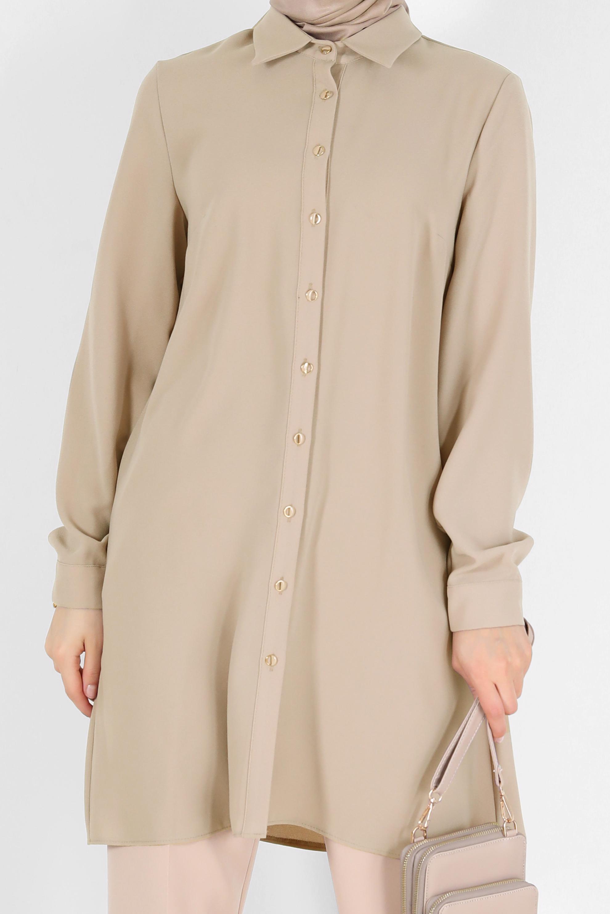 Tesettür giyim BEJ BOYDAN DÜĞMELİ KREP TUNİK 42253