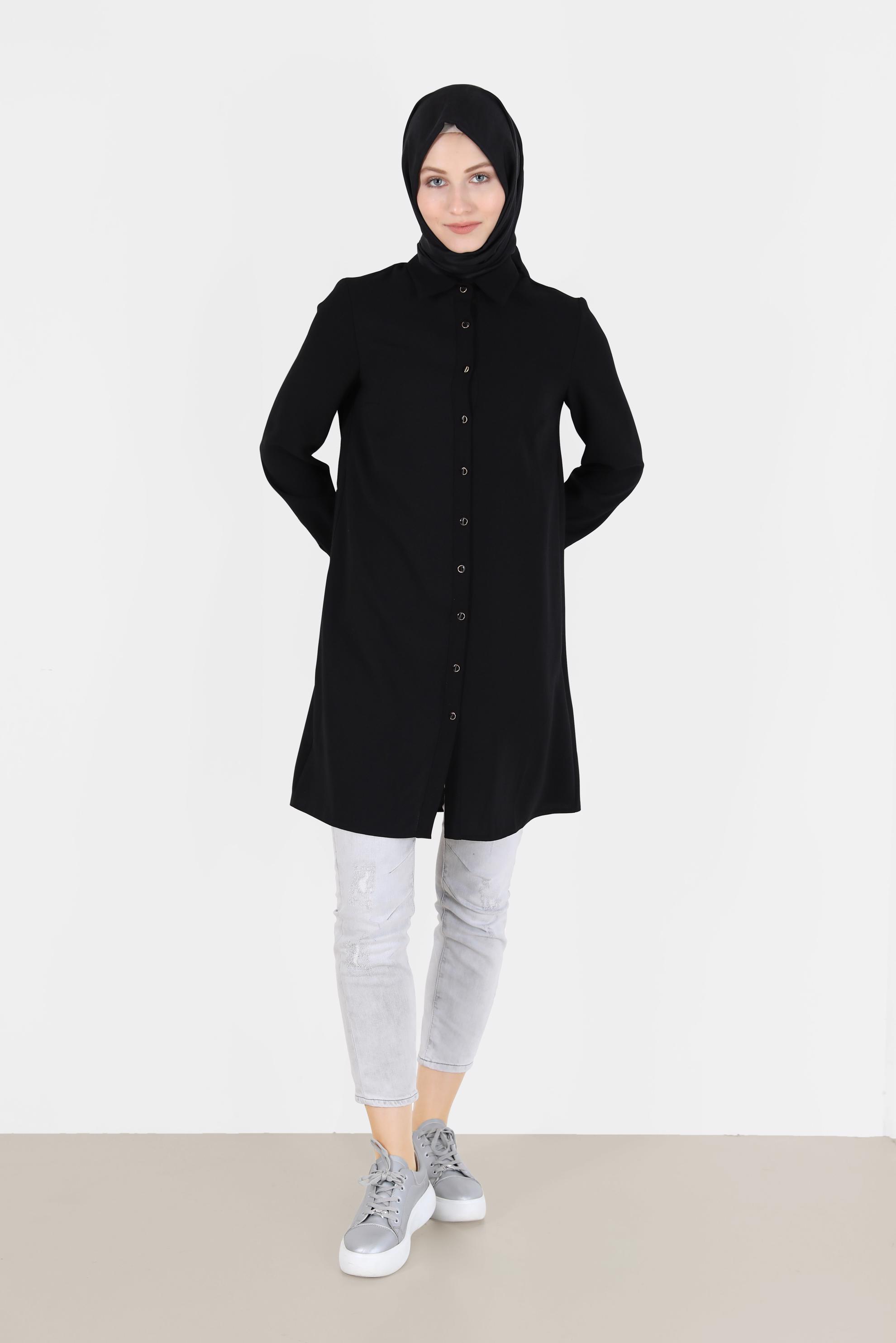 Tesettür giyim SİYAH BOYDAN DÜĞMELİ KREP TUNİK 42253