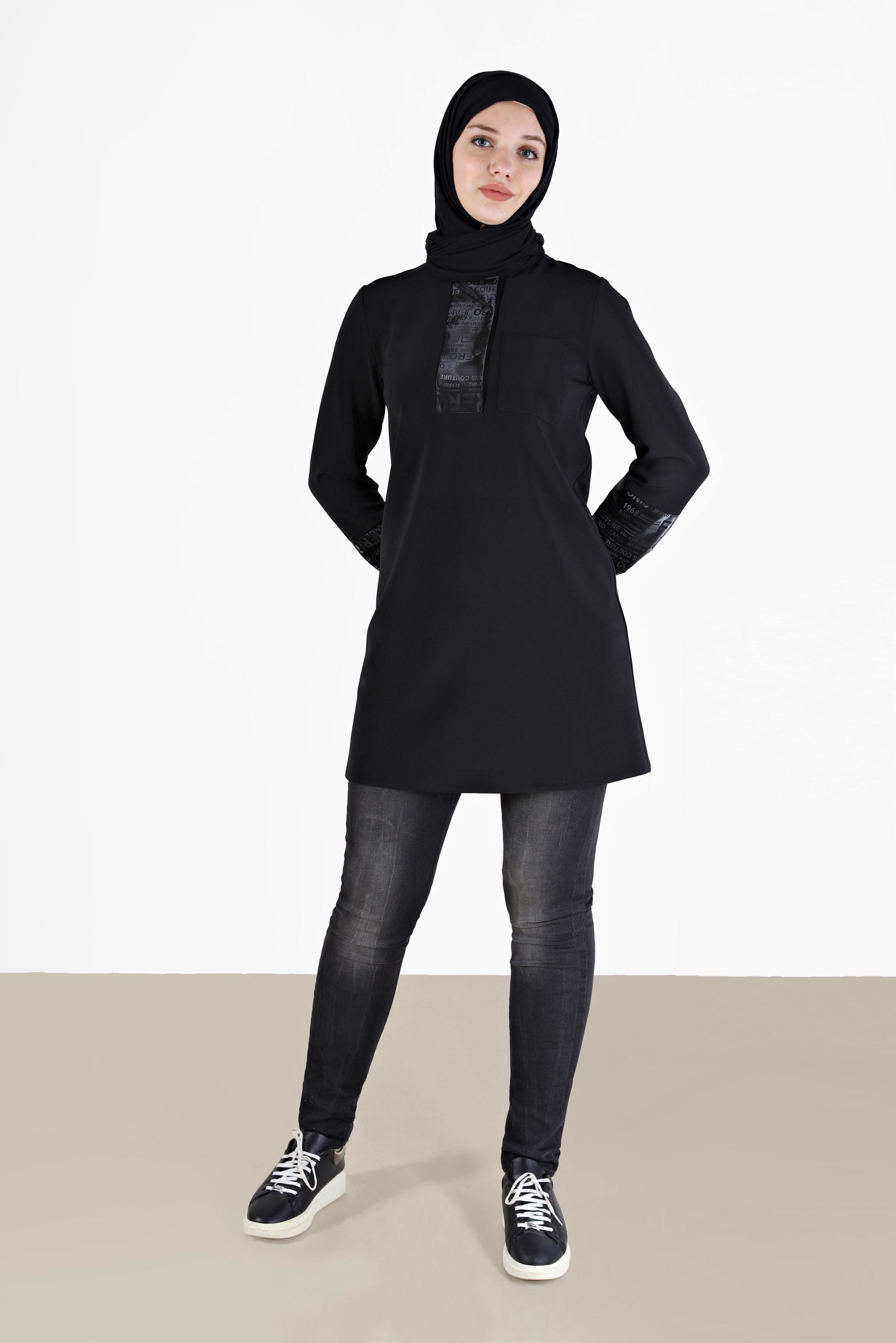 Tesettür giyim SİYAH YAZI BASKILI TUNİK 42255 