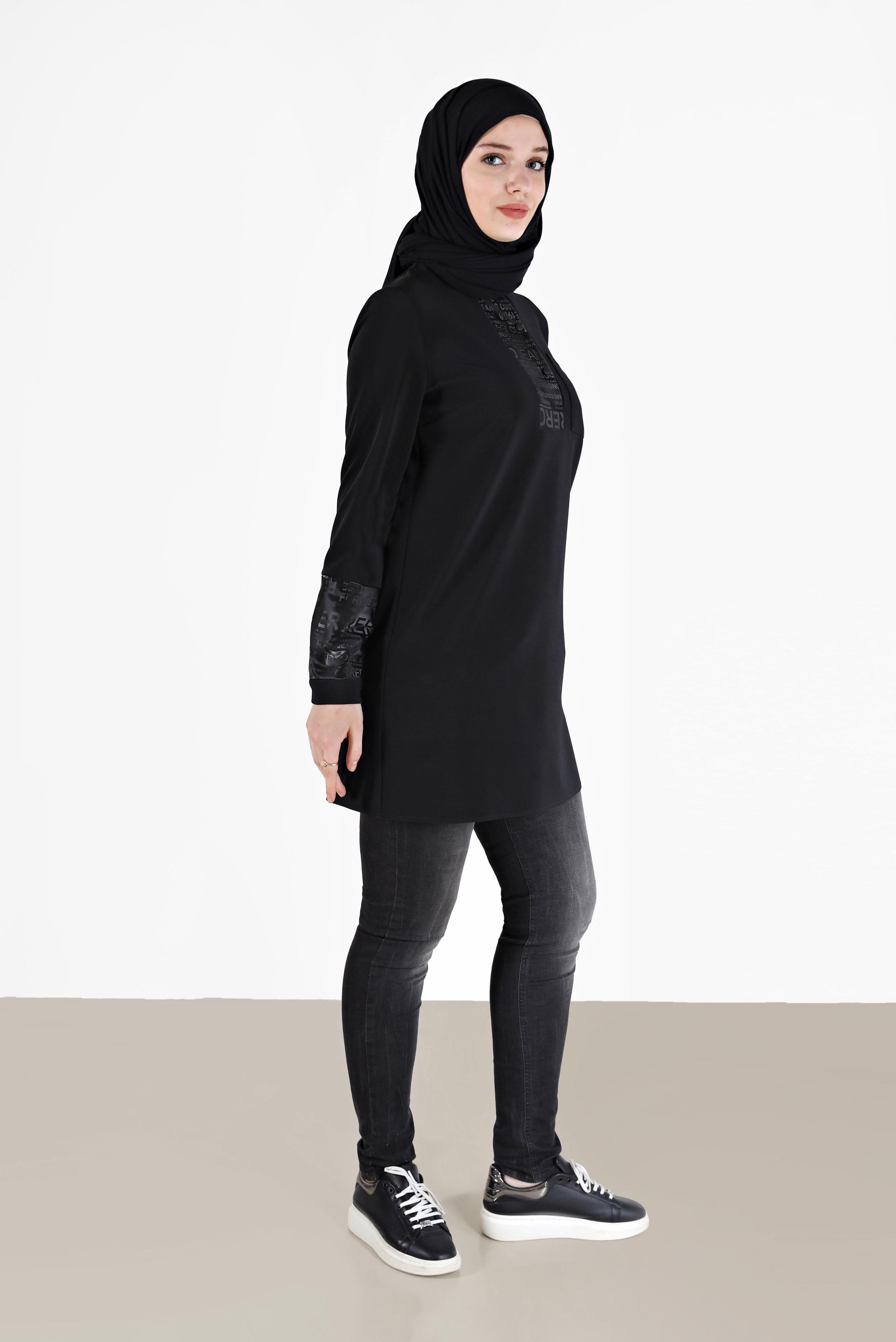 Tesettür giyim SİYAH YAZI BASKILI TUNİK 42255 