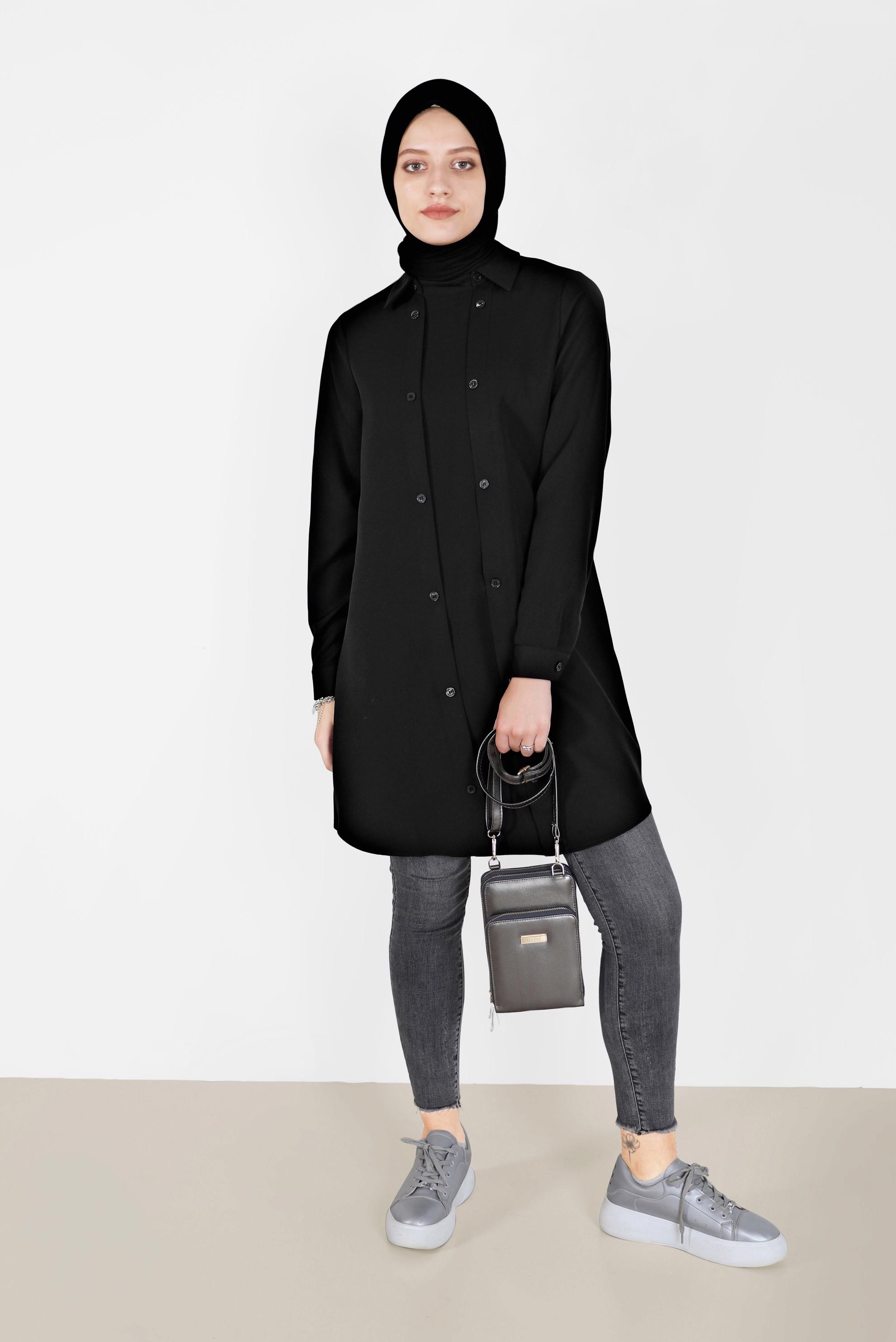 Tesettür giyim SİYAH DÜĞME DETAYLI TUNİK 42257 