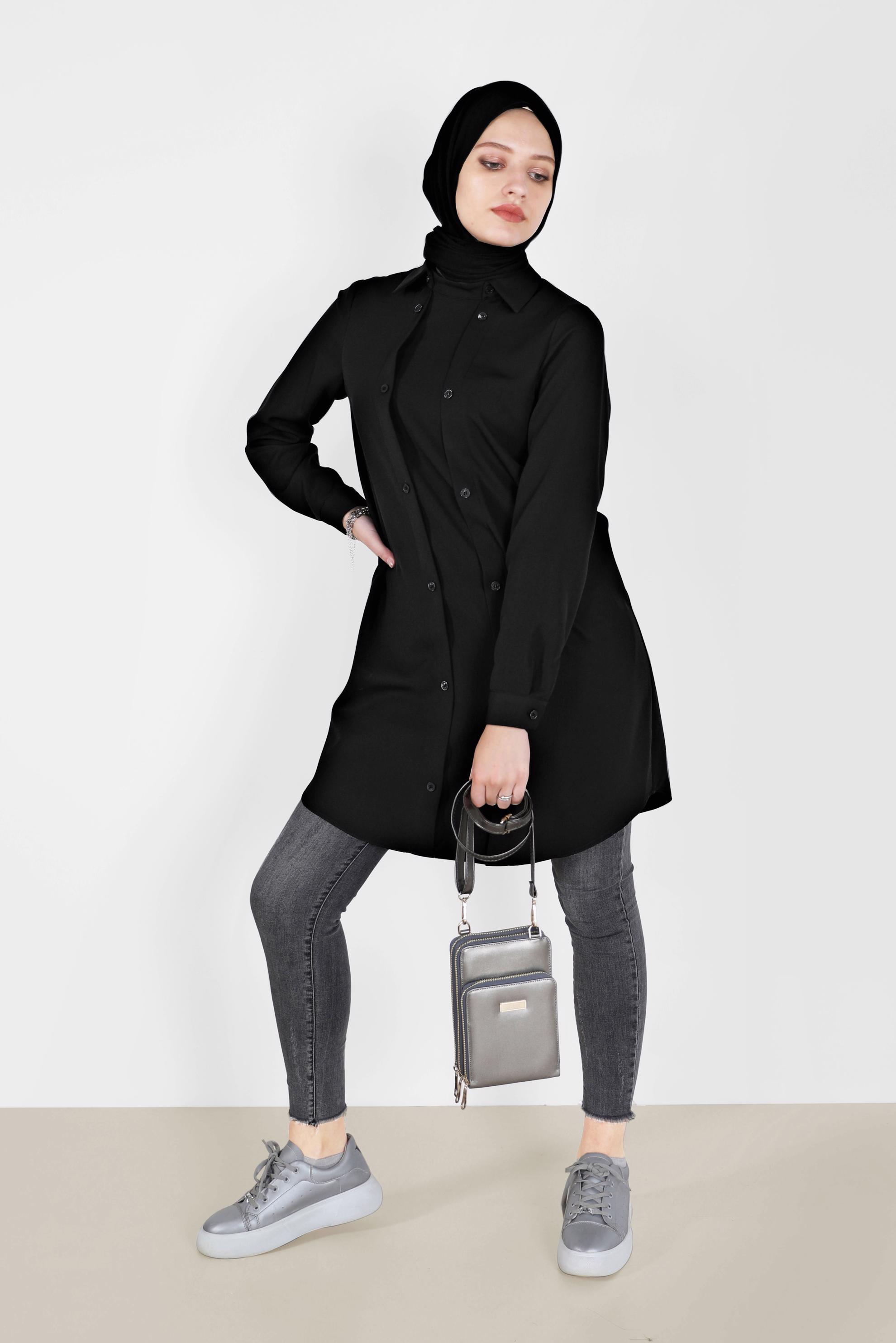 Tesettür giyim SİYAH DÜĞME DETAYLI TUNİK 42257 