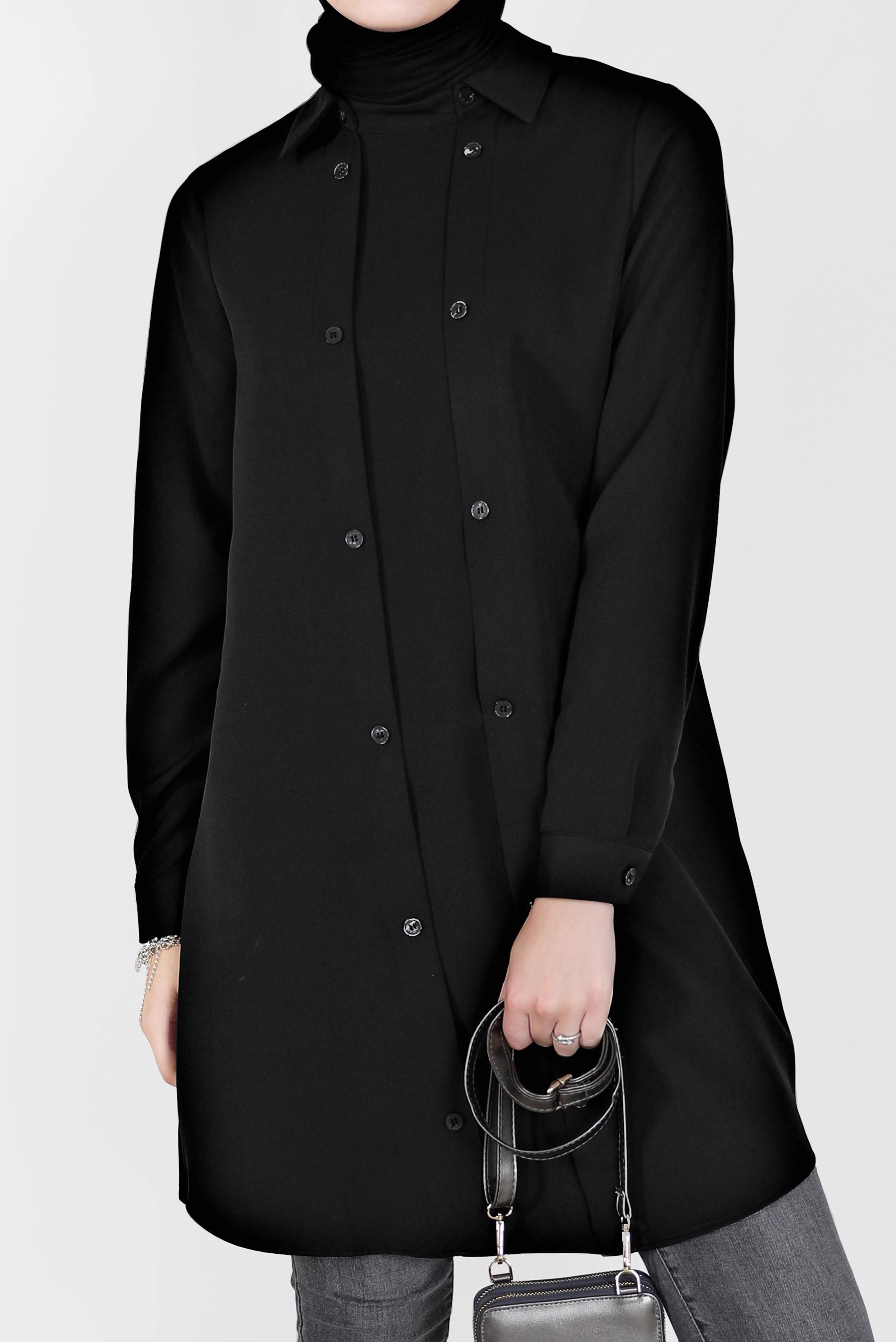 Tesettür giyim SİYAH DÜĞME DETAYLI TUNİK 42257 