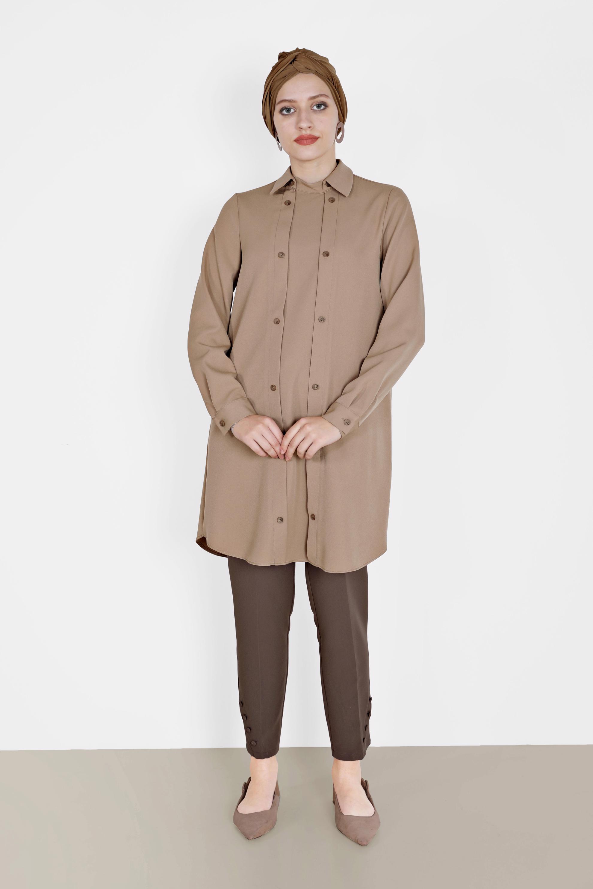 Tesettür giyim KAHVE DÜĞME DETAYLI TUNİK 42257 